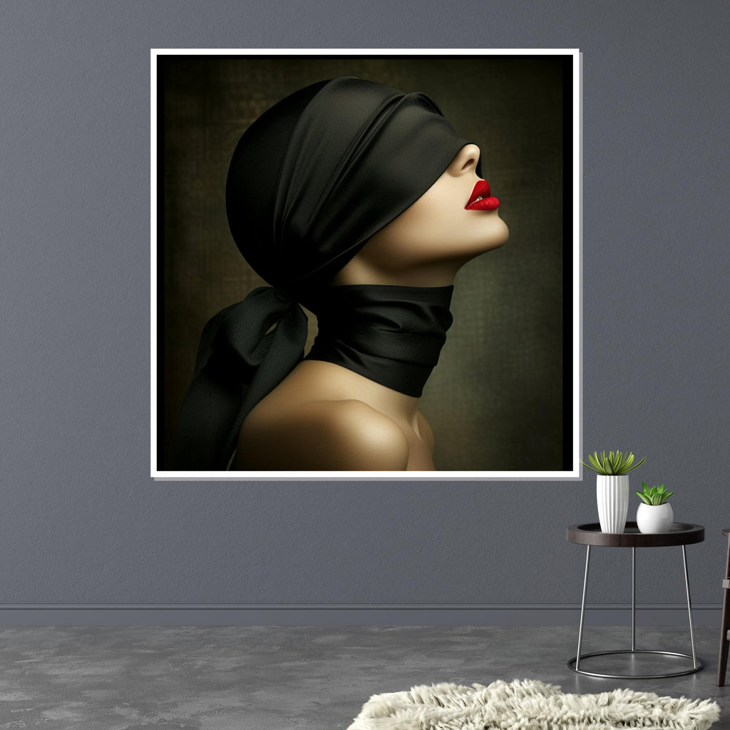 Blindfolded Elegance, Mysterious Woman Canvas, Red Lips Art, Wall Art Canvas Design, Fashion Wall Print, Ready to Hang Decoration