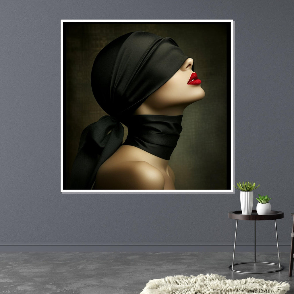 Blindfolded Elegance, Mysterious Woman Canvas, Red Lips Art, Wall Art Canvas Design, Fashion Wall Print, Ready to Hang Decoration