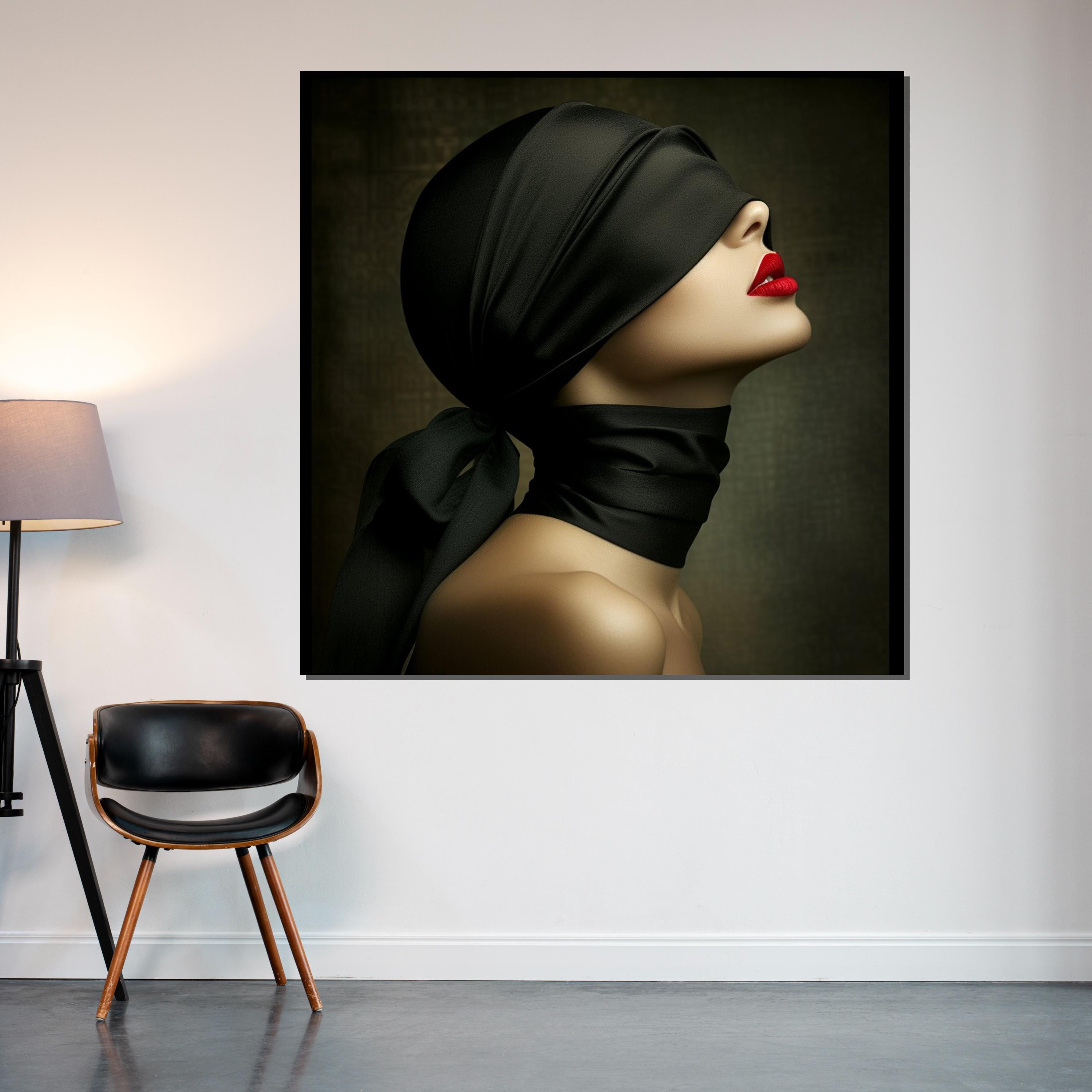 Blindfolded Elegance, Mysterious Woman Canvas, Red Lips Art, Wall Art Canvas Design, Fashion Wall Print, Ready to Hang Decoration