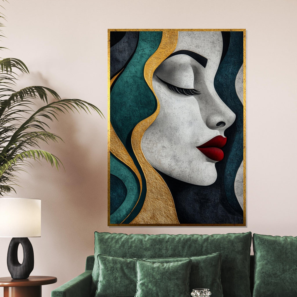 Elegant Woman Canvas, Gold and Teal Art, Wall Art Canvas Design, Female Silhouette, Textured Portrait, Ready To Hang Decoration