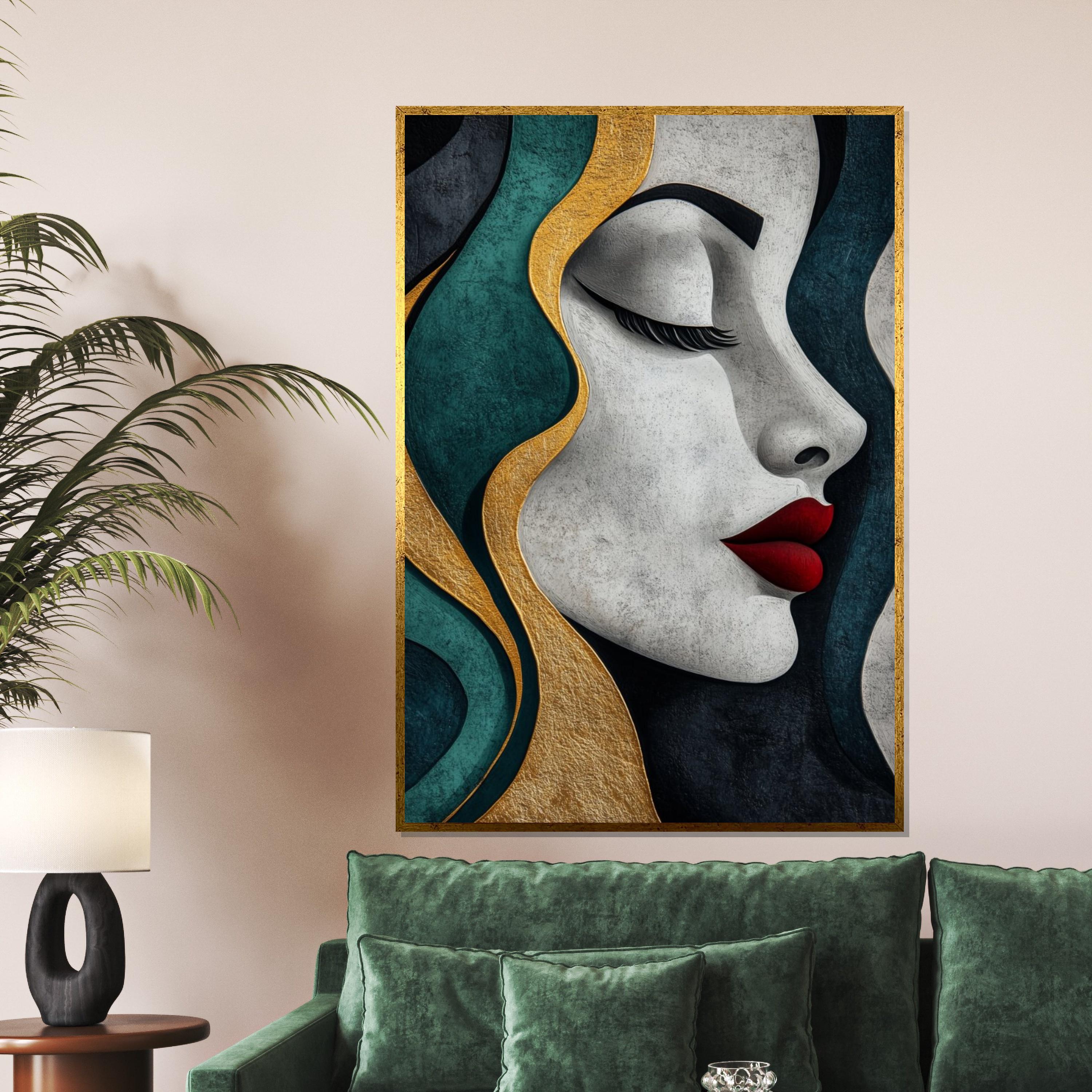 Elegant Woman Canvas, Gold and Teal Art, Wall Art Canvas Design, Female Silhouette, Textured Portrait, Ready To Hang Decoration