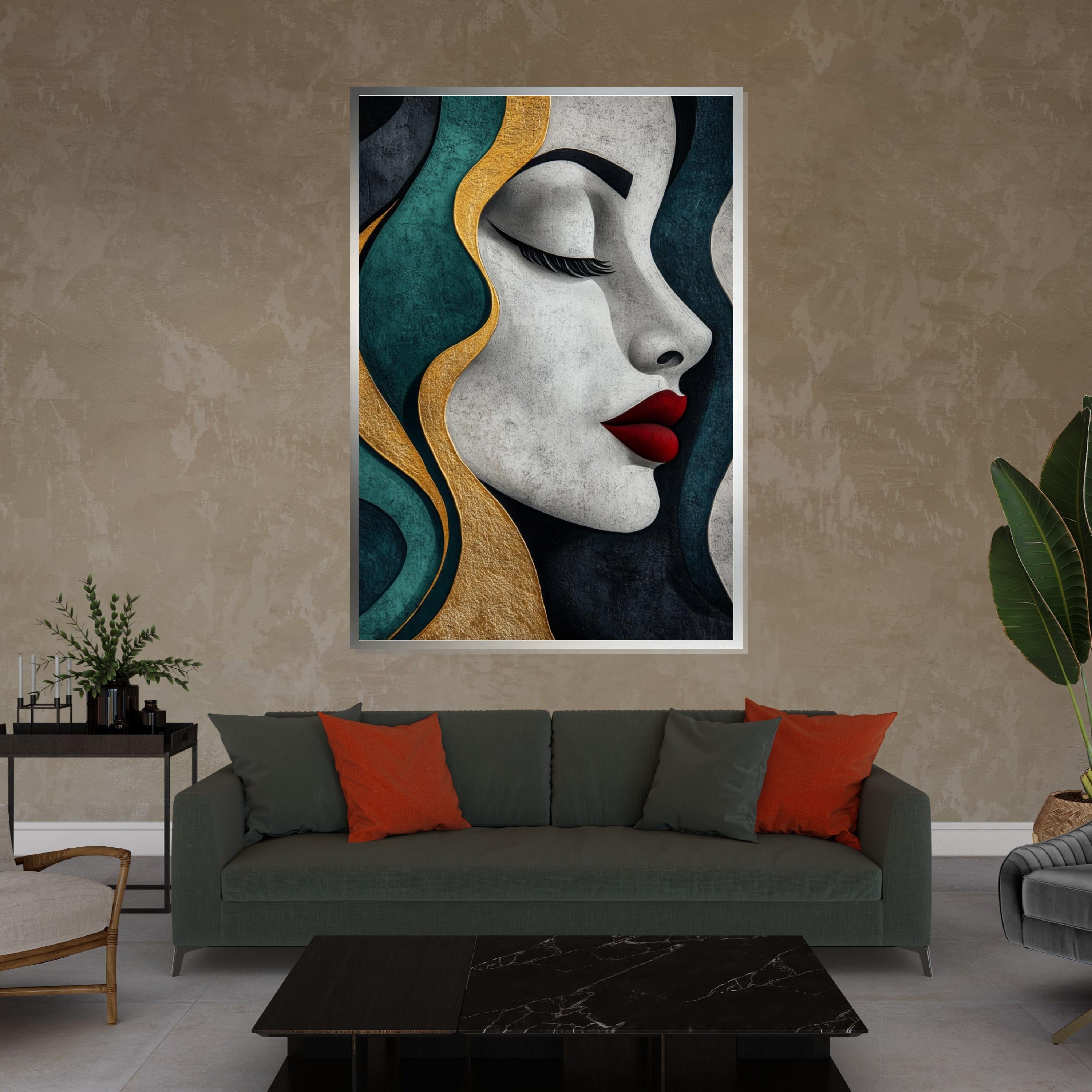 Elegant Woman Canvas, Gold and Teal Art, Wall Art Canvas Design, Female Silhouette, Textured Portrait, Ready To Hang Decoration