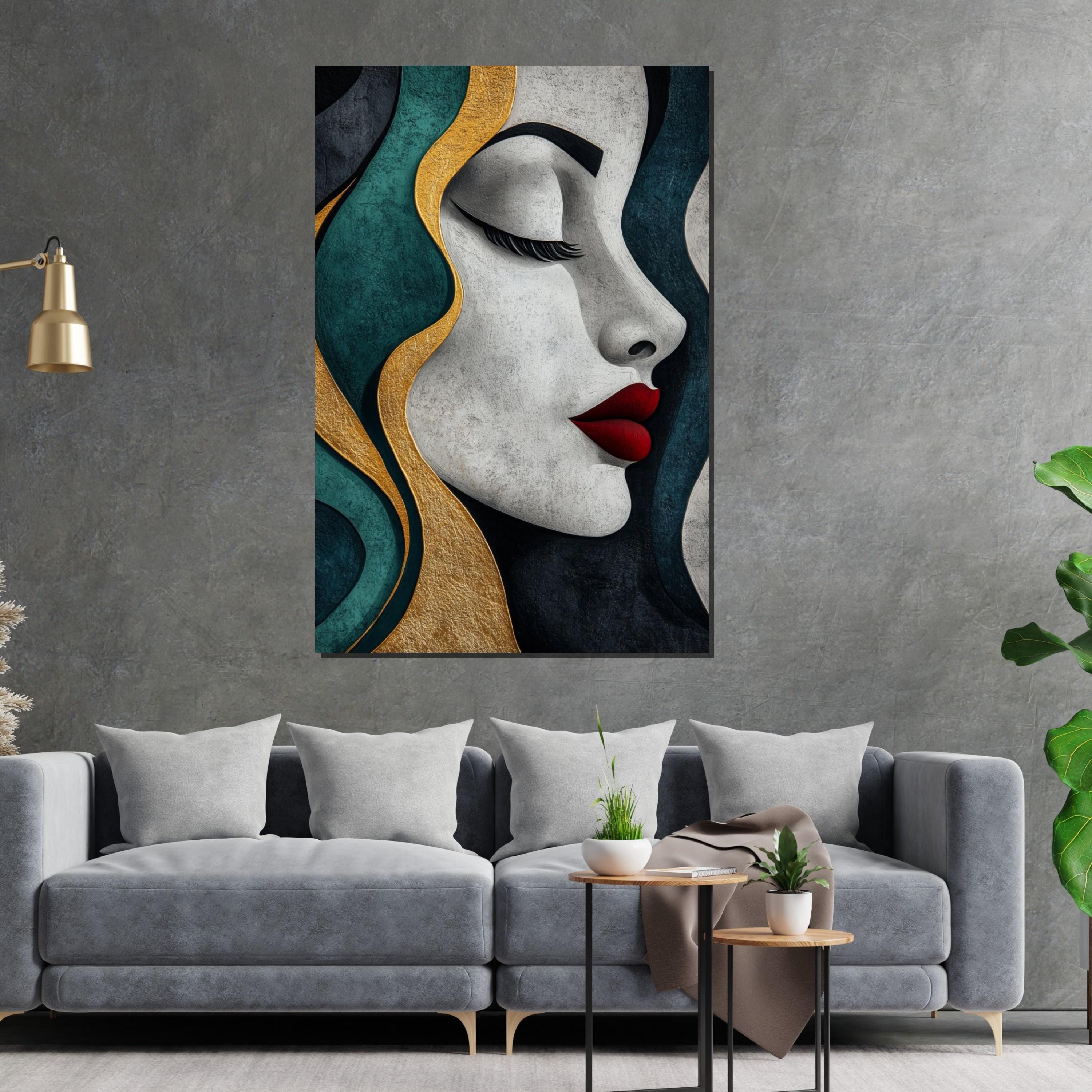 Elegant Woman Canvas, Gold and Teal Art, Wall Art Canvas Design, Female Silhouette, Textured Portrait, Ready To Hang Decoration