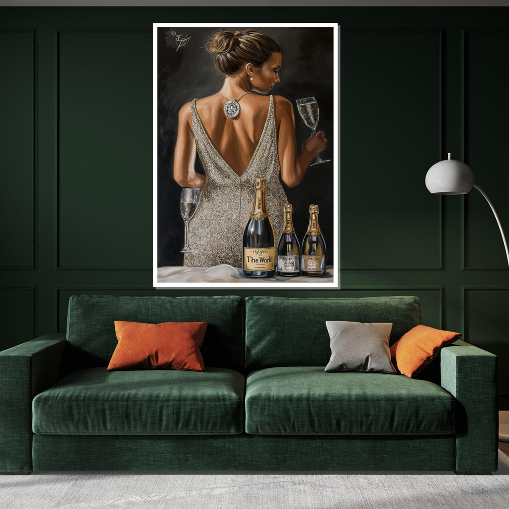 Elegant Woman with Champagne Canvas, Glamor Art, Classy Wall Print, Party Scene Canvas Design, Ready to Hang Decoration,