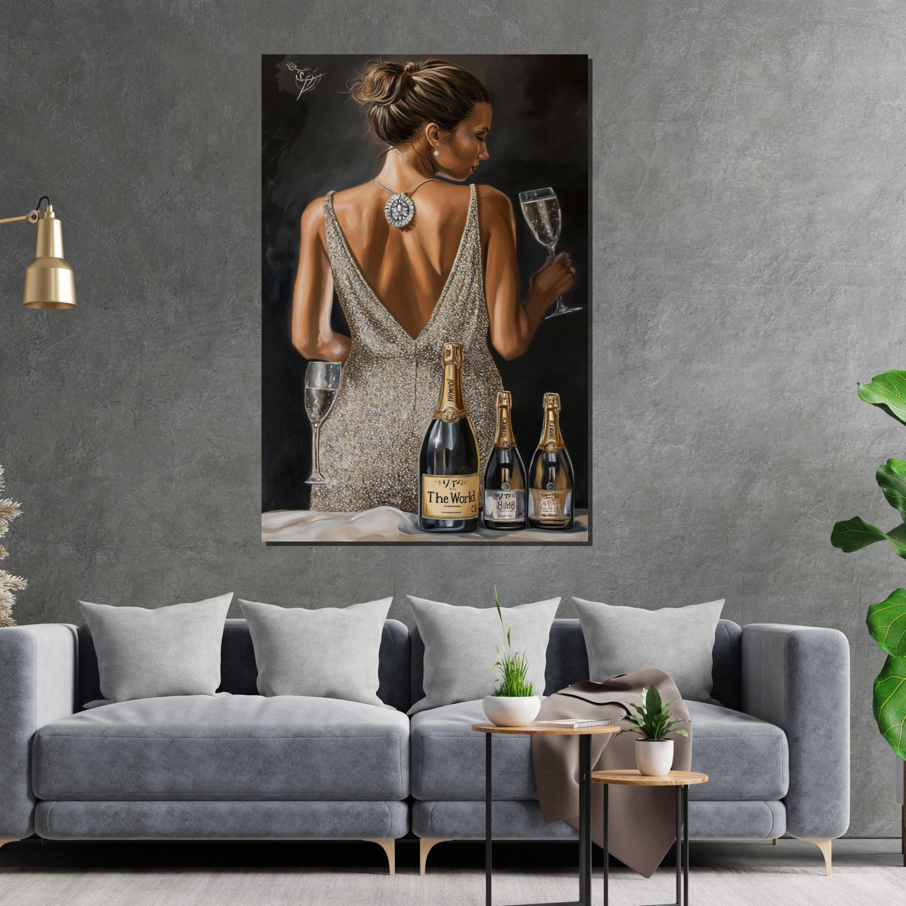 Elegant Woman with Champagne Canvas, Glamor Art, Classy Wall Print, Party Scene Canvas Design, Ready to Hang Decoration,