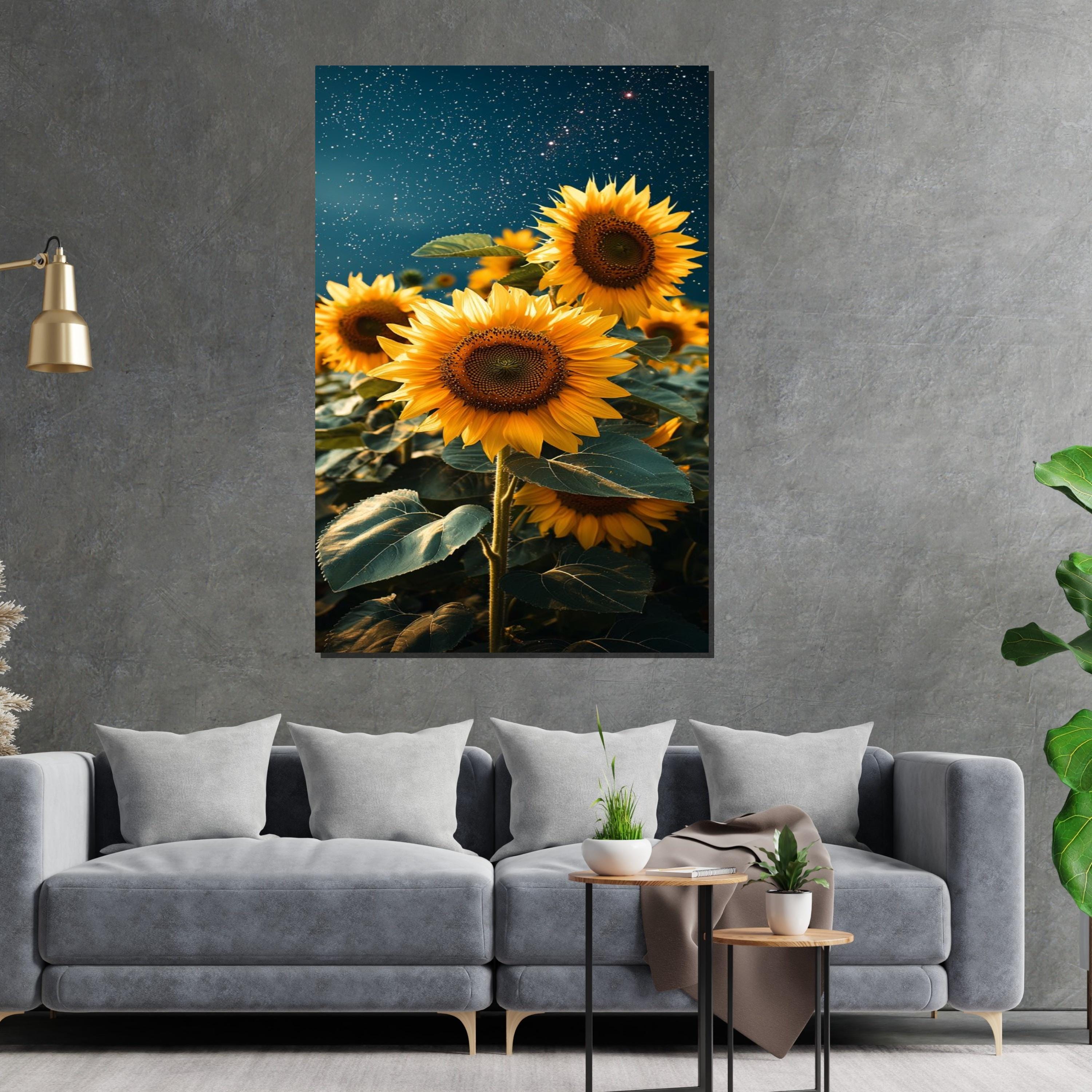 Sunflower Nights Canvas, Starry Sky Sunflower Art Print, Floral Wall Art, Vibrant Sunflower Poster, Wall Art Canvas Design, Ready to Hang