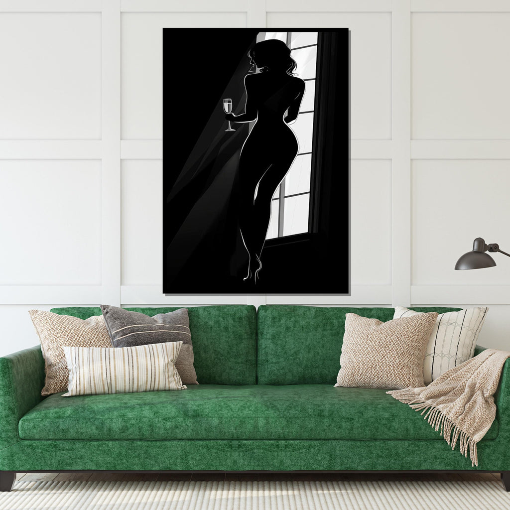 Silhouette Woman Canvas Art, Elegant Figure Wall Art, Black and White Design, Wine Glass Lady Poster, Ready to Hang Home Decor