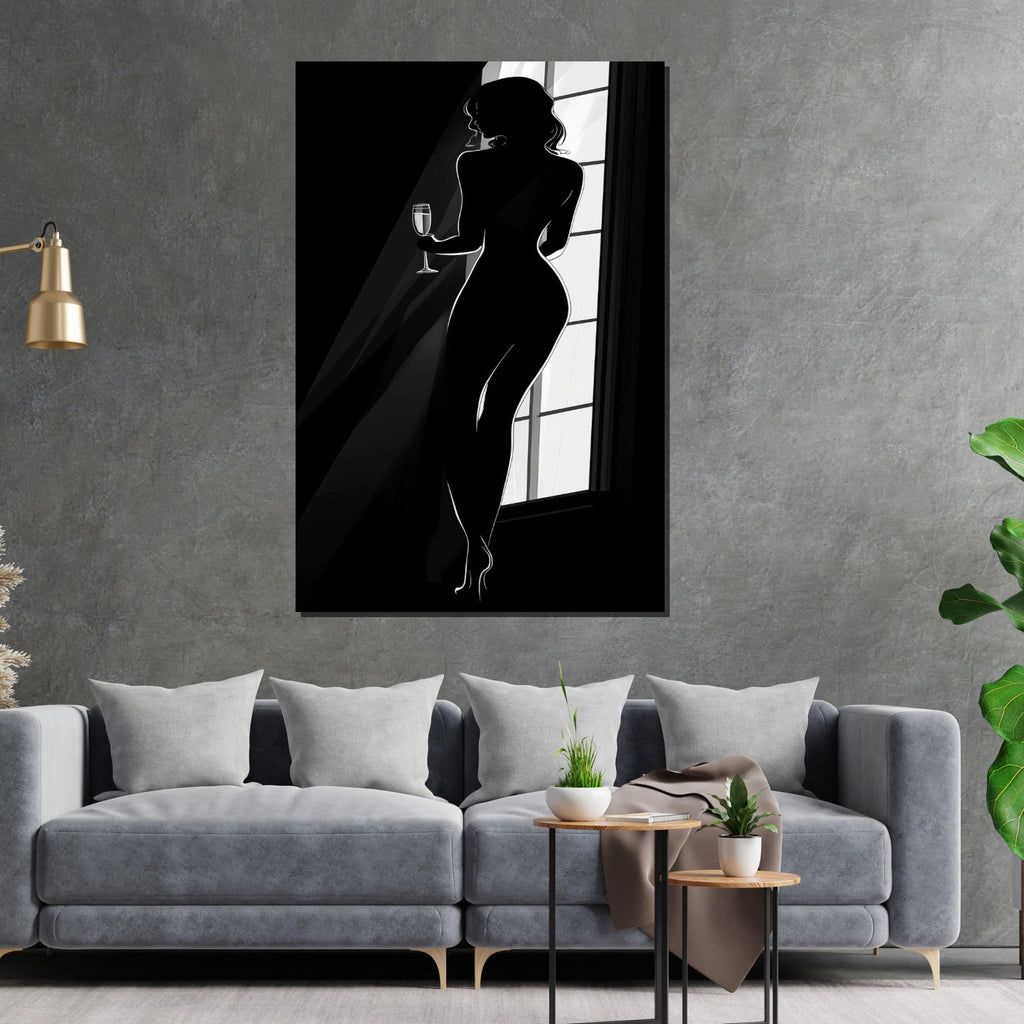Silhouette Woman Canvas Art, Elegant Figure Wall Art, Black and White Design, Wine Glass Lady Poster, Ready to Hang Home Decor