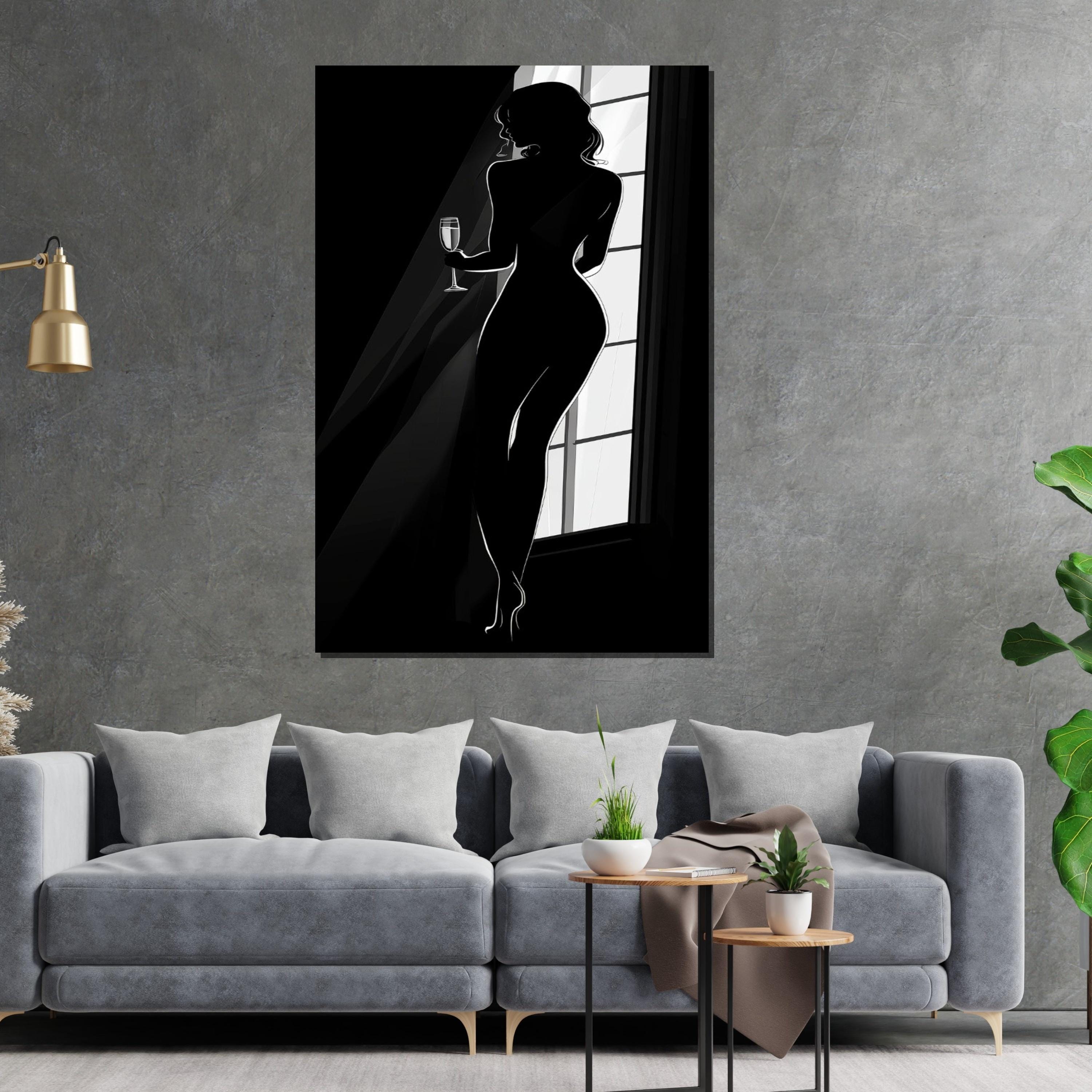 Silhouette Woman Canvas Art, Elegant Figure Wall Art, Black and White Design, Wine Glass Lady Poster, Ready to Hang Home Decor