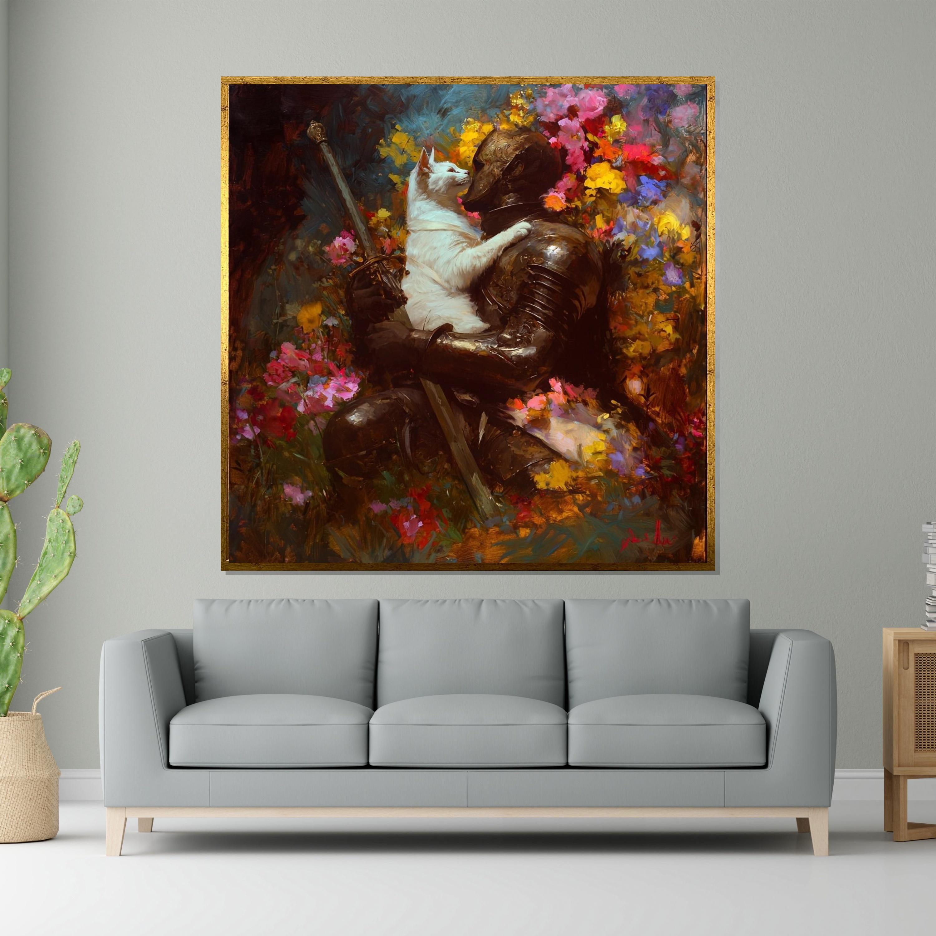 Knight and Cat Canvas, Enchanted Garden Art, Medieval Wall Print, Whimsical Wall Art Canvas Design, Ready to Hang Decoration
