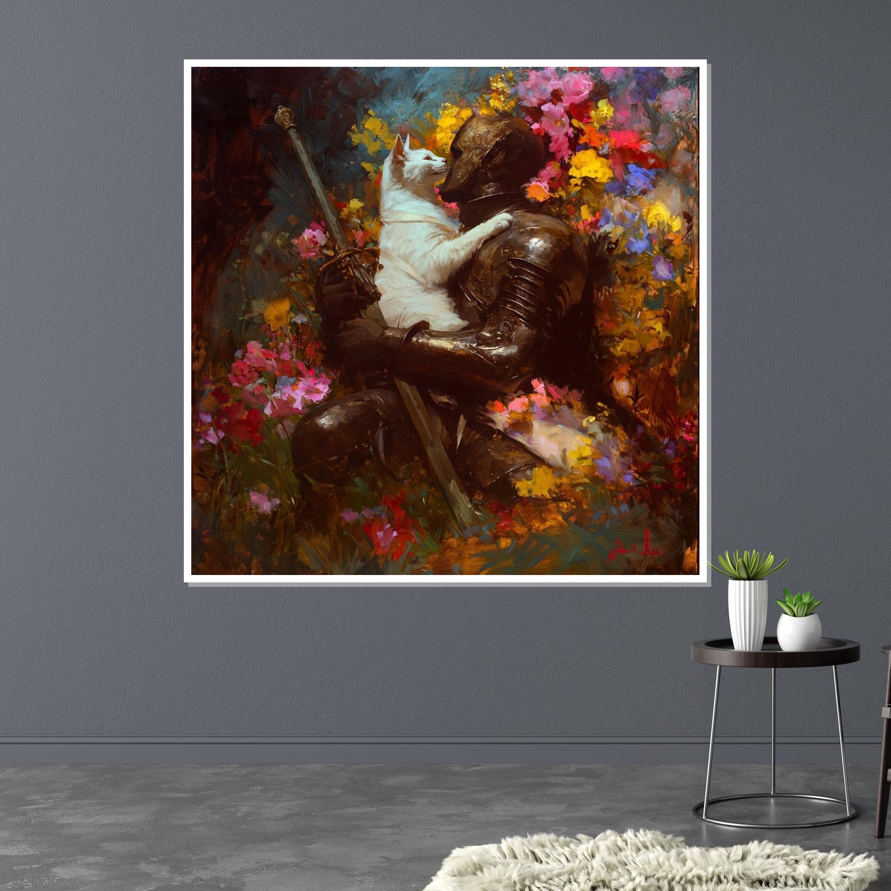 Knight and Cat Canvas, Enchanted Garden Art, Medieval Wall Print, Whimsical Wall Art Canvas Design, Ready to Hang Decoration
