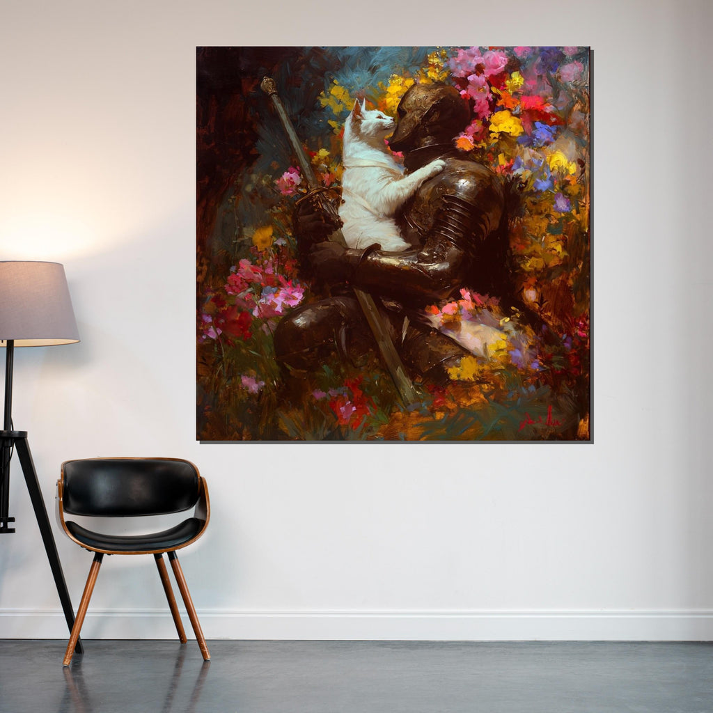 Knight and Cat Canvas, Enchanted Garden Art, Medieval Wall Print, Whimsical Wall Art Canvas Design, Ready to Hang Decoration