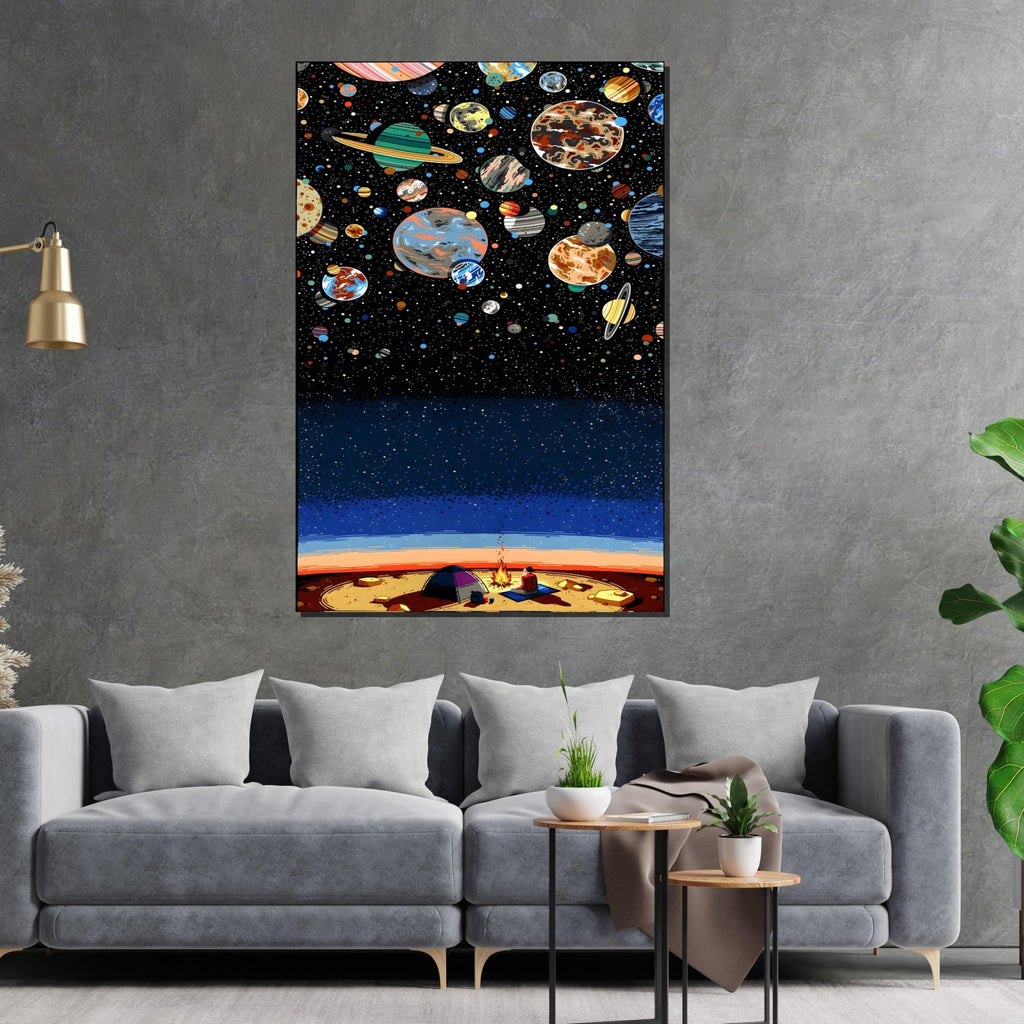 Starry Night Camp, Planet Canvas Art, Galaxy Wall Art, Cosmic Space Print, Camping Under Stars, Wall Art Canvas Design, Ready to Hang