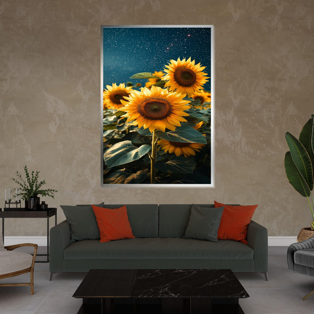Sunflower Nights Canvas, Starry Sky Sunflower Art Print, Floral Wall Art, Vibrant Sunflower Poster, Wall Art Canvas Design, Ready to Hang