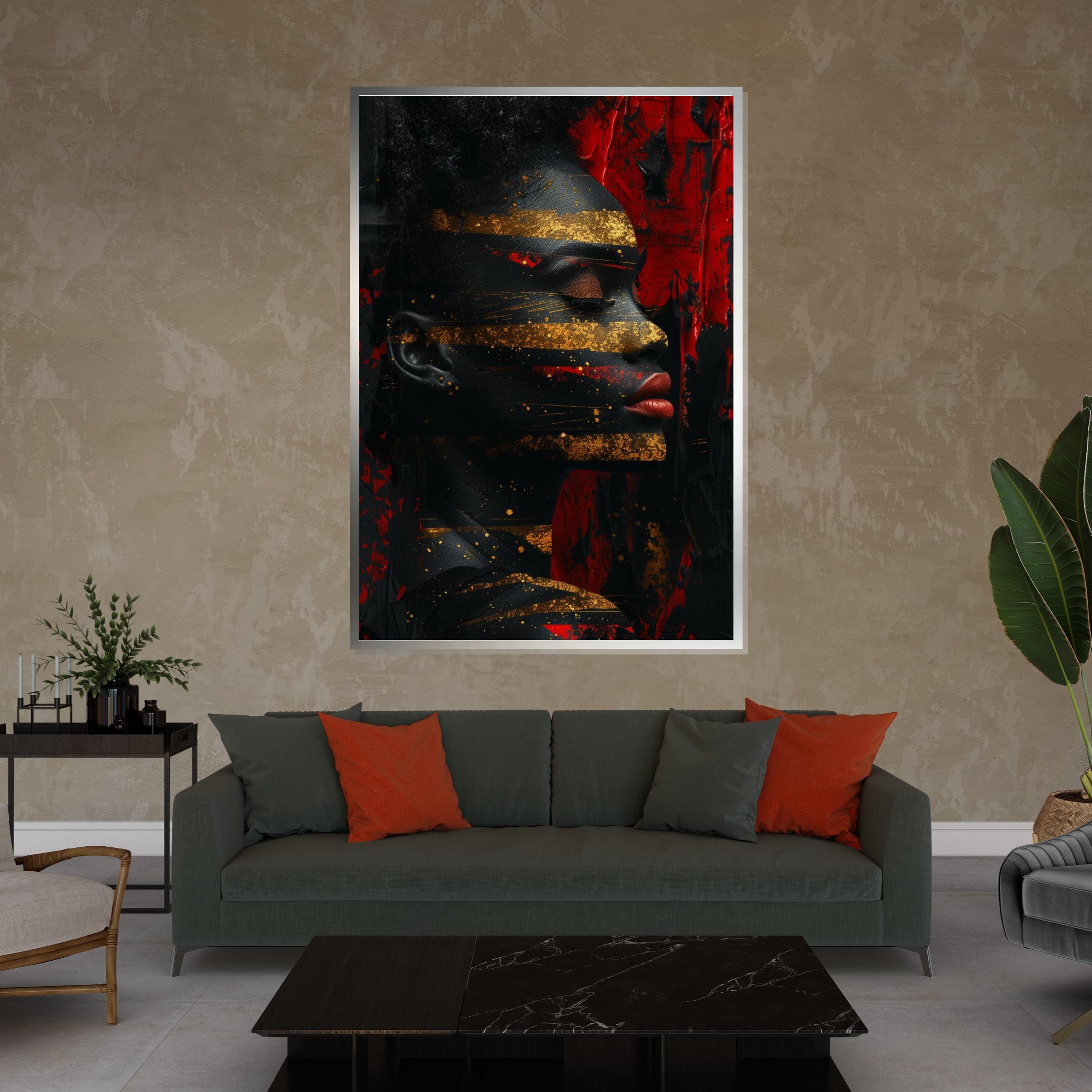 Abstract Portrait, Gold and Red Art, Modern Canvas, Wall Art Canvas Design, Textured Art Print, Ready to Hang Decoration