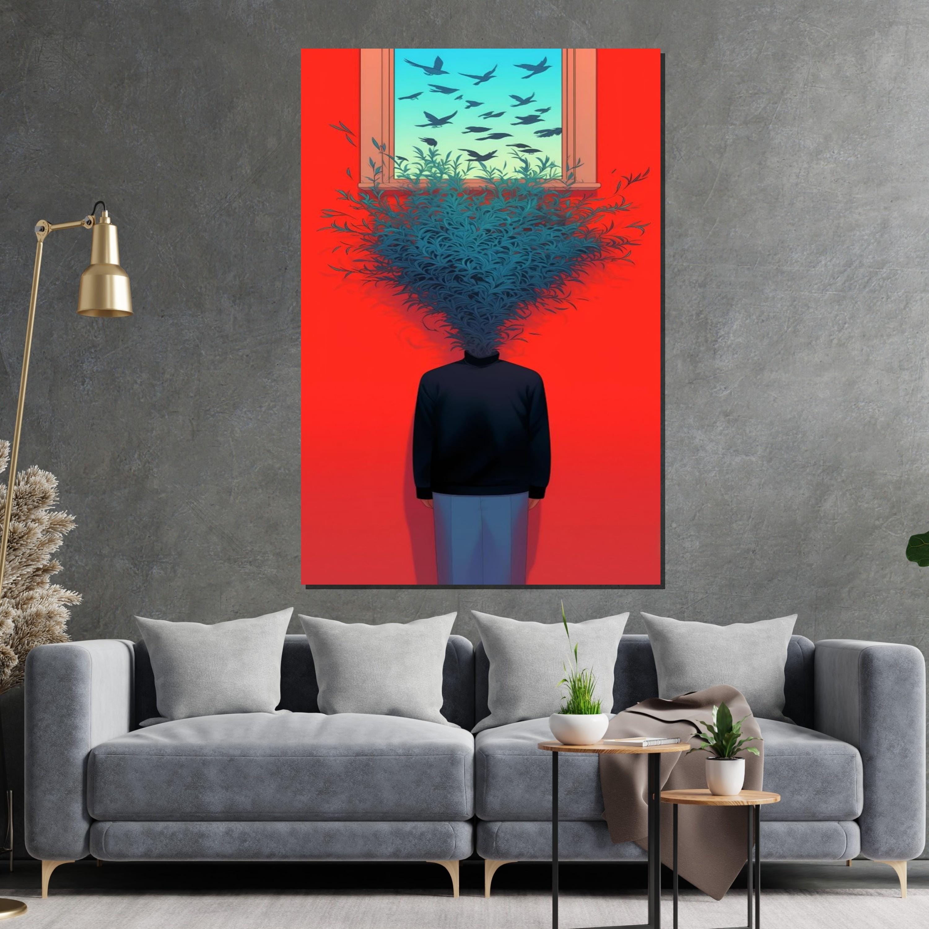 Surreal Mind Bloom Canvas, Head of Leaves Art, Surrealist Poster, Wall Art Canvas Design, Vibrant Red Decor, Ready to Hang
