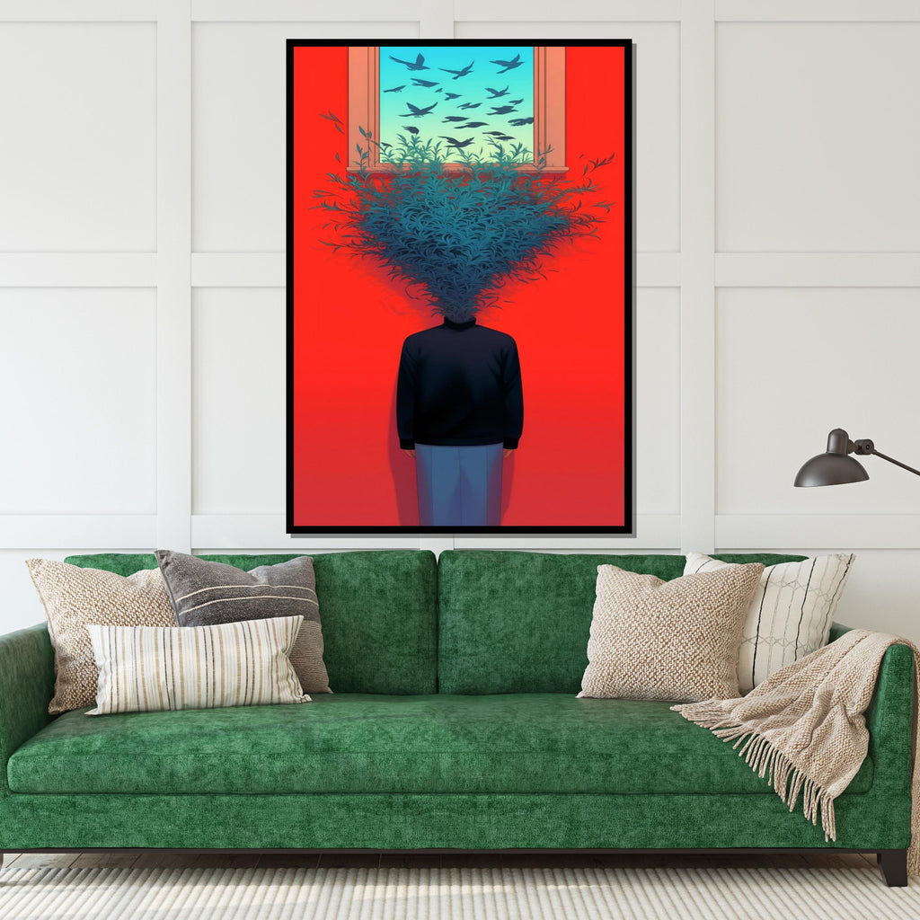Surreal Mind Bloom Canvas, Head of Leaves Art, Surrealist Poster, Wall Art Canvas Design, Vibrant Red Decor, Ready to Hang