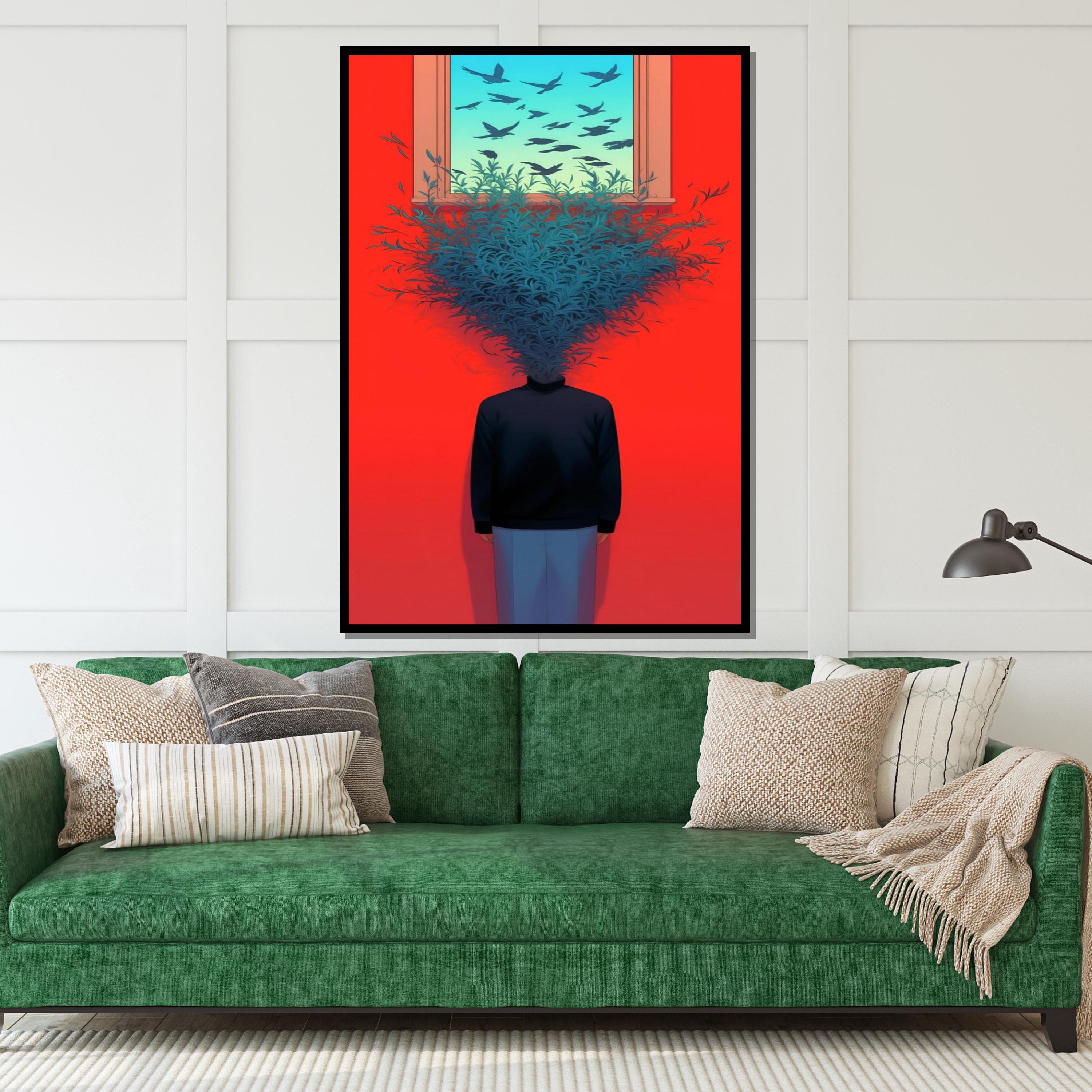 Surreal Mind Bloom Canvas, Head of Leaves Art, Surrealist Poster, Wall Art Canvas Design, Vibrant Red Decor, Ready to Hang