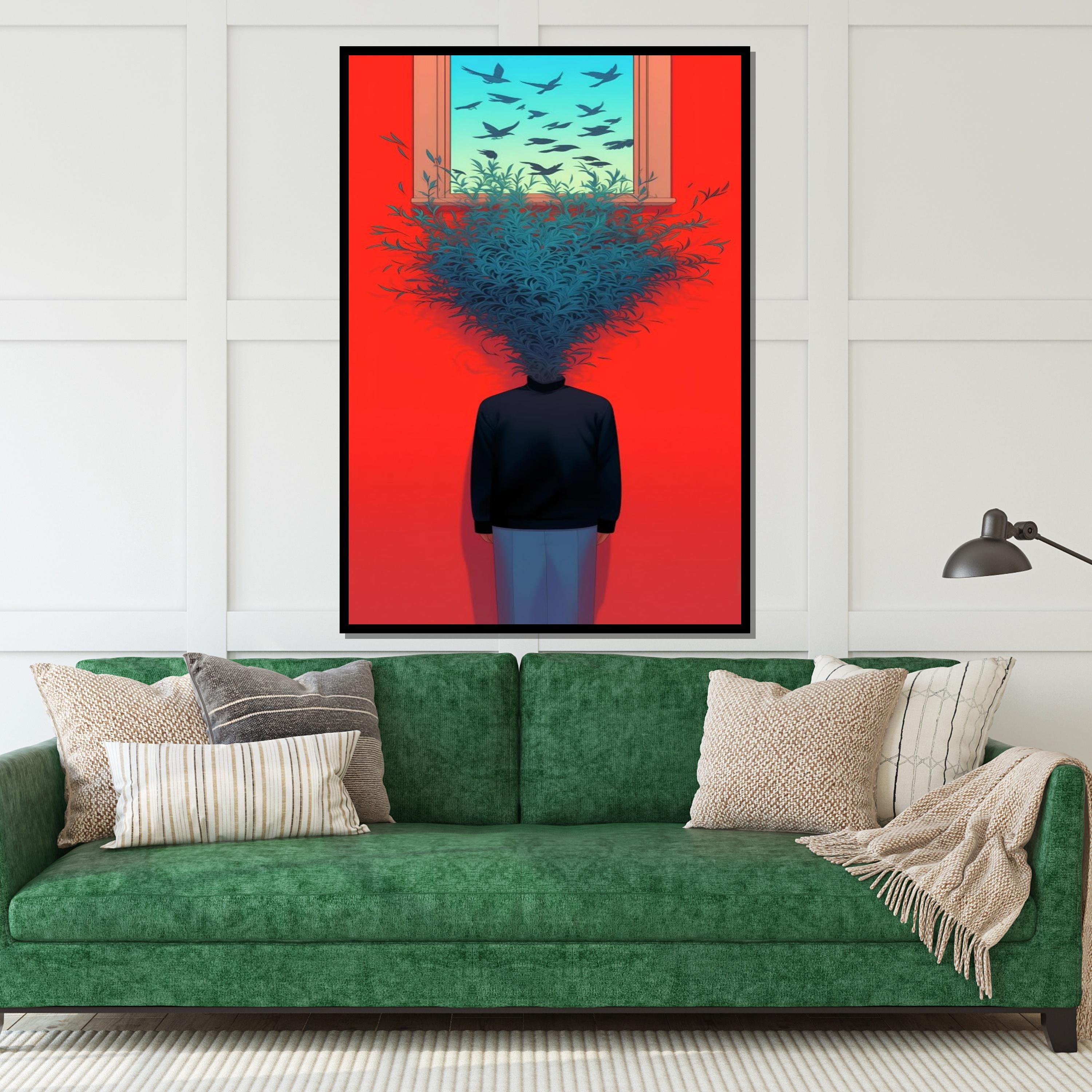 Surreal Mind Bloom Canvas, Head of Leaves Art, Surrealist Poster, Wall Art Canvas Design, Vibrant Red Decor, Ready to Hang