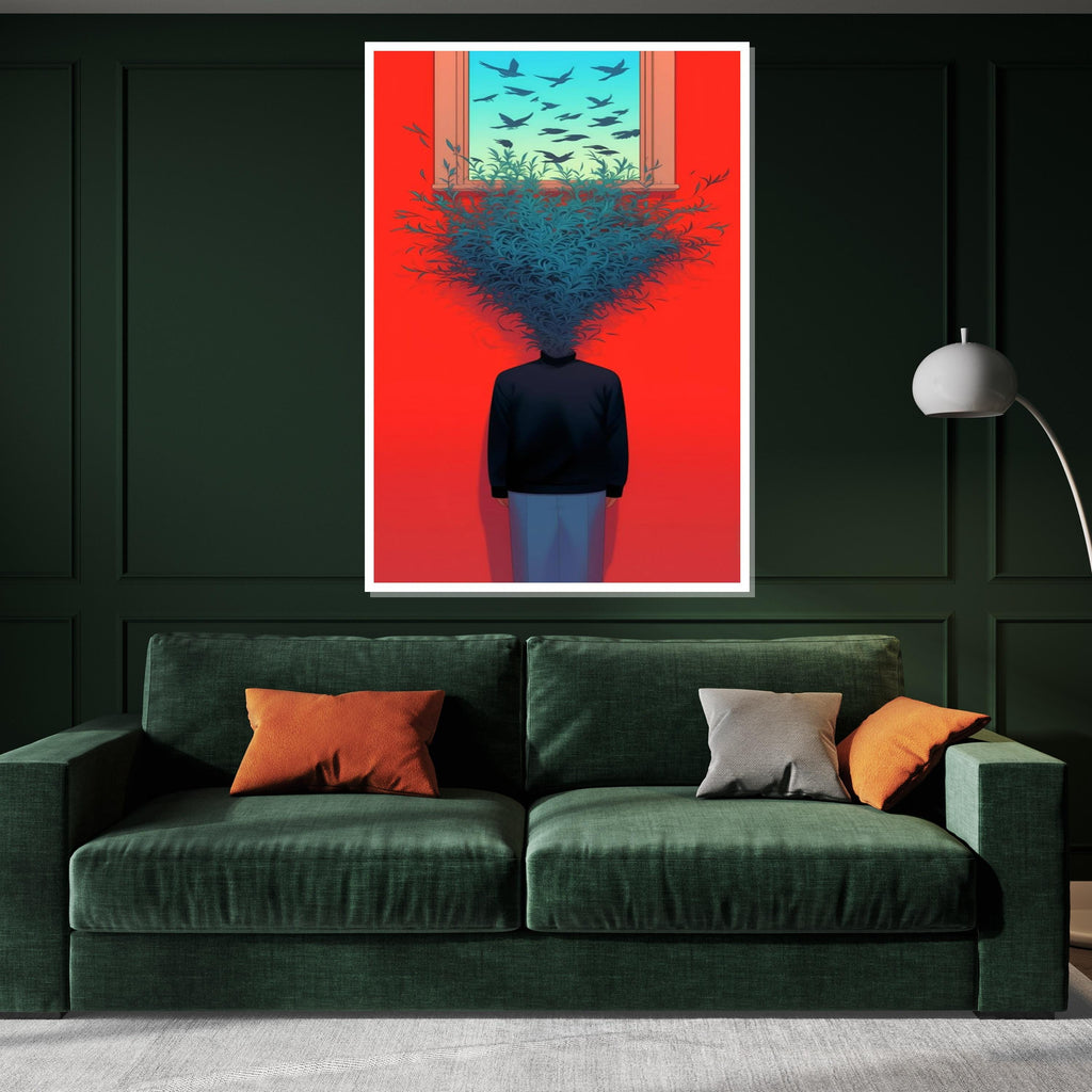 Surreal Mind Bloom Canvas, Head of Leaves Art, Surrealist Poster, Wall Art Canvas Design, Vibrant Red Decor, Ready to Hang