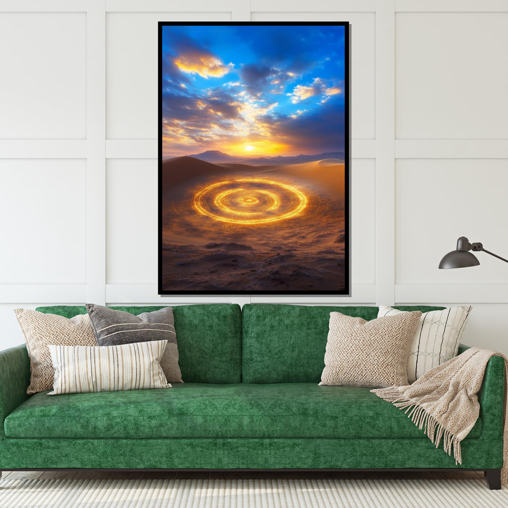 Desert Radiance, Glowing Circle Canvas, Golden Sand Art, Sunset Sky Wall Print, Landscape Canvas Design, Ready To Hang Decoration