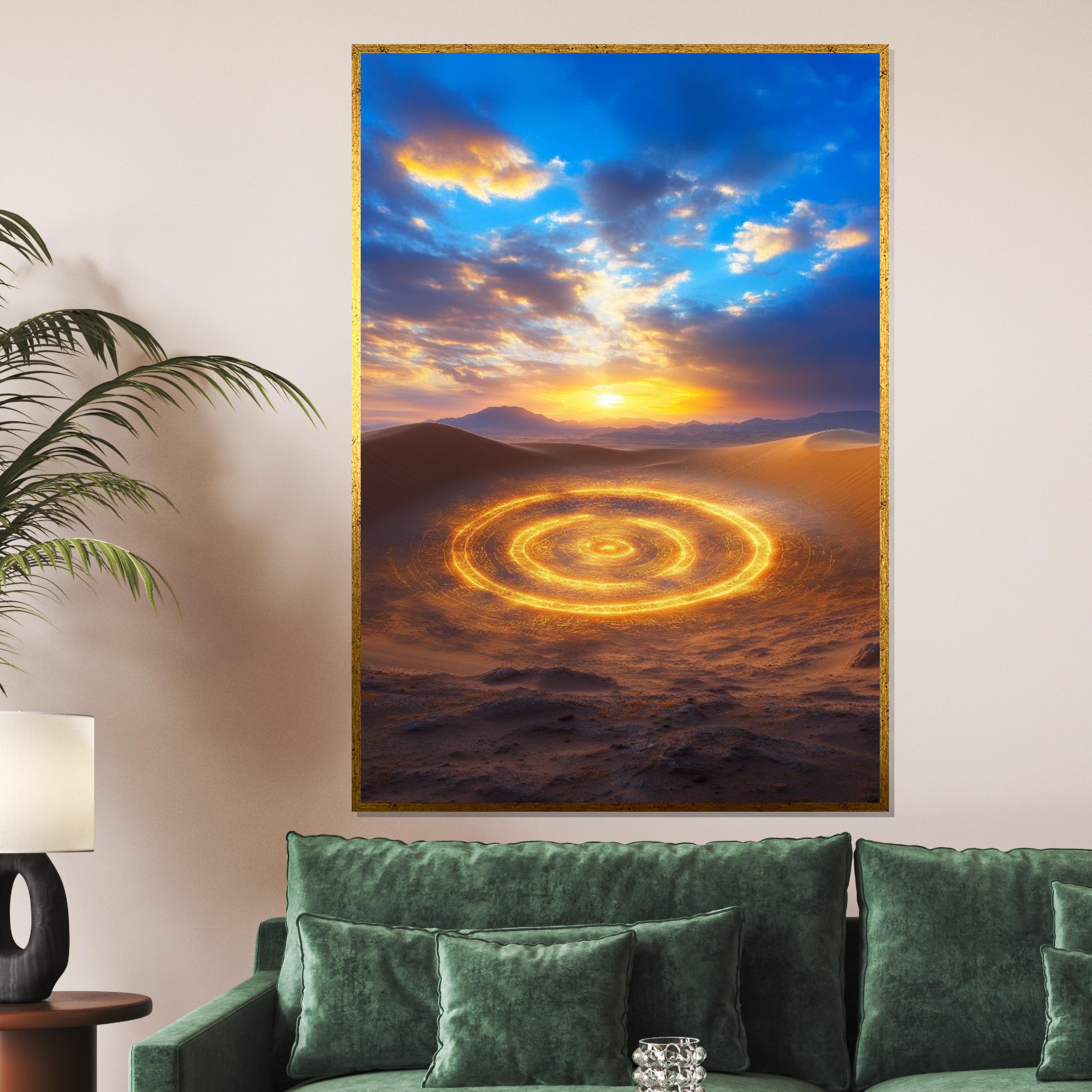 Desert Radiance, Glowing Circle Canvas, Golden Sand Art, Sunset Sky Wall Print, Landscape Canvas Design, Ready To Hang Decoration