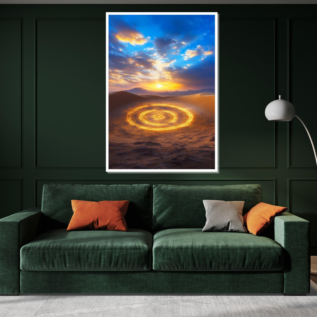 Desert Radiance, Glowing Circle Canvas, Golden Sand Art, Sunset Sky Wall Print, Landscape Canvas Design, Ready To Hang Decoration