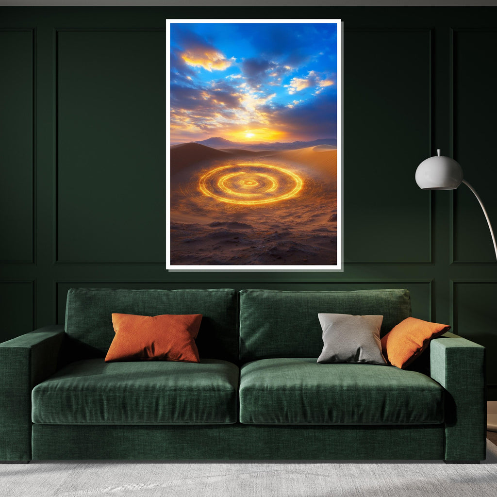 Desert Radiance, Glowing Circle Canvas, Golden Sand Art, Sunset Sky Wall Print, Landscape Canvas Design, Ready To Hang Decoration