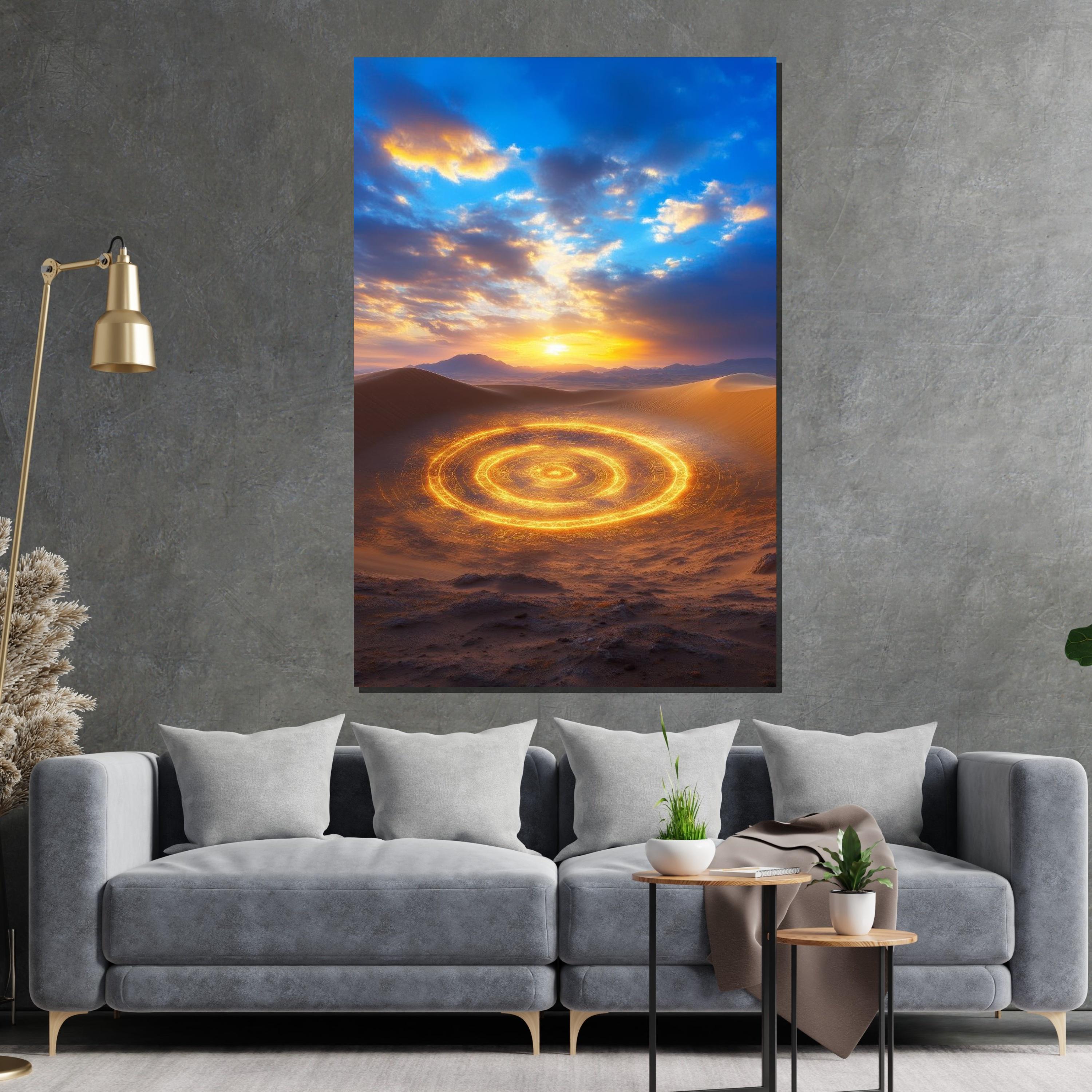 Desert Radiance, Glowing Circle Canvas, Golden Sand Art, Sunset Sky Wall Print, Landscape Canvas Design, Ready To Hang Decoration
