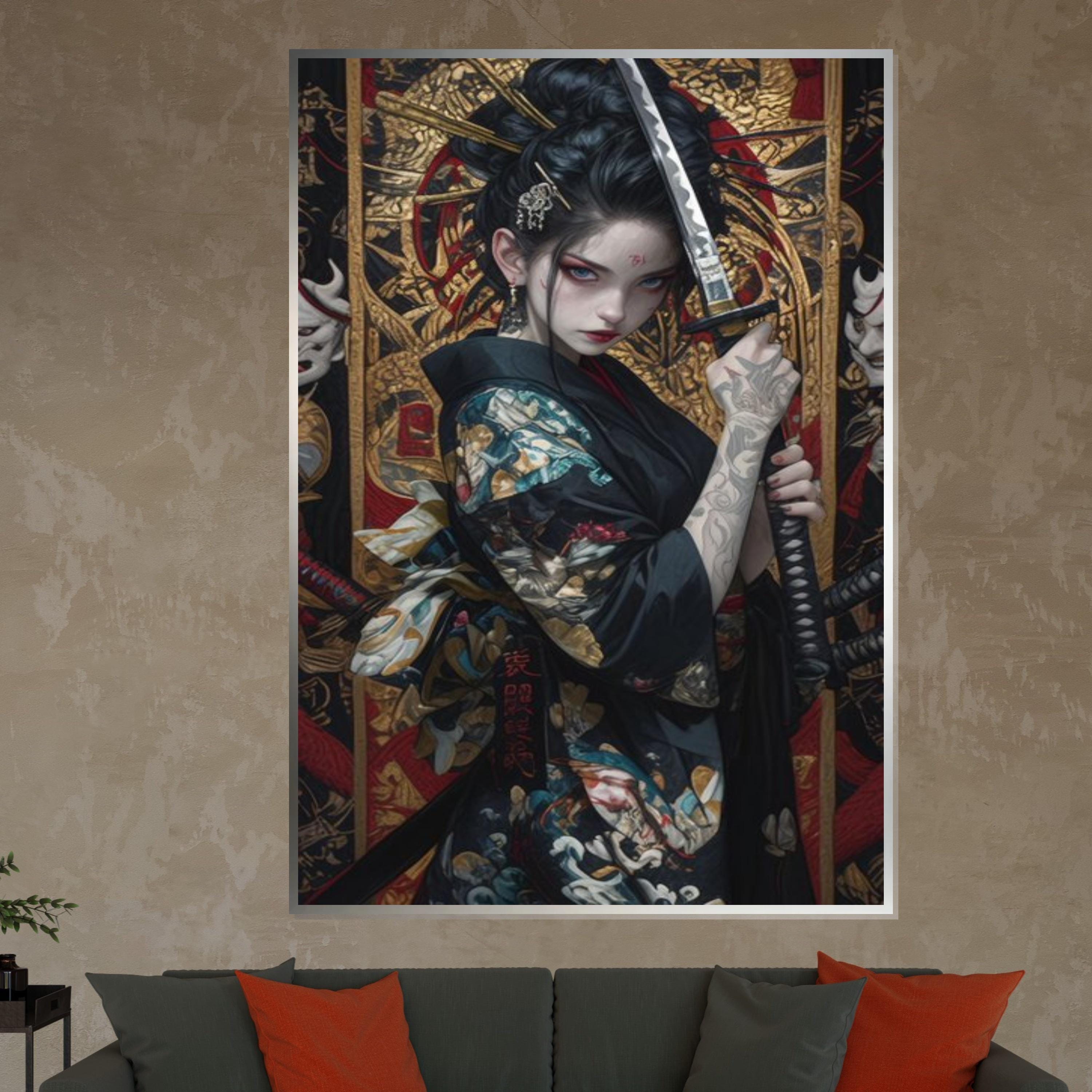 Samurai Spirit Canvas, Geisha with Katana Art, Japanese Warrior Wall Print, Wall Art Canvas Design, Ready To Hang Decoration