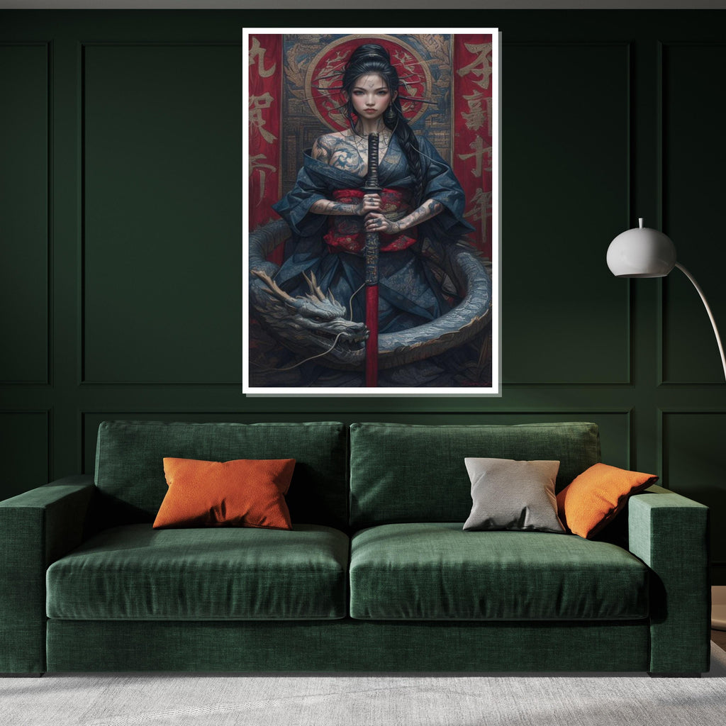 Mystical Warrior Canvas, Dragon and Samurai Woman Wall Art, Tattoo Art Poster, Wall Art Canvas Design, Ready To Hang Decoration