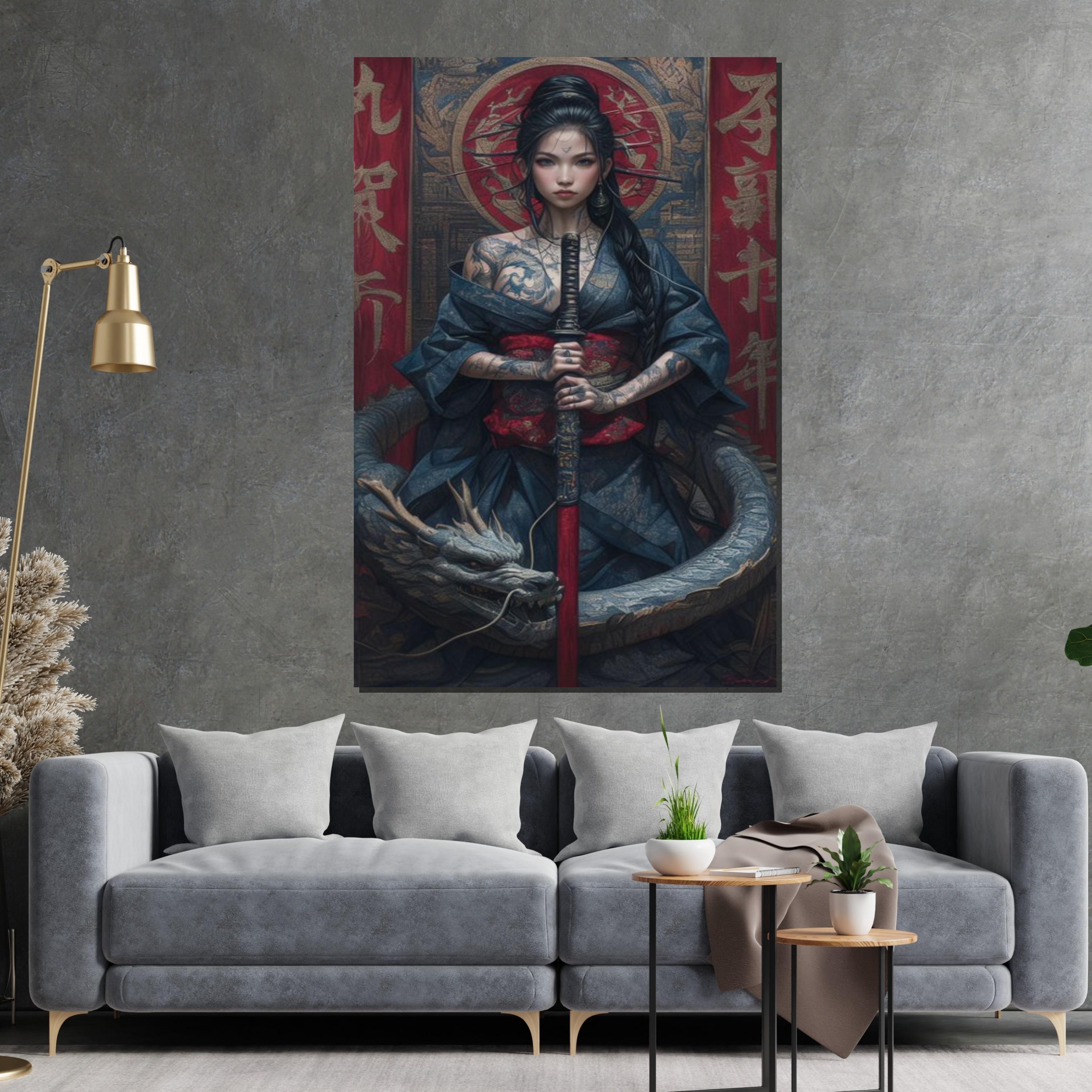 Mystical Warrior Canvas, Dragon and Samurai Woman Wall Art, Tattoo Art Poster, Wall Art Canvas Design, Ready To Hang Decoration