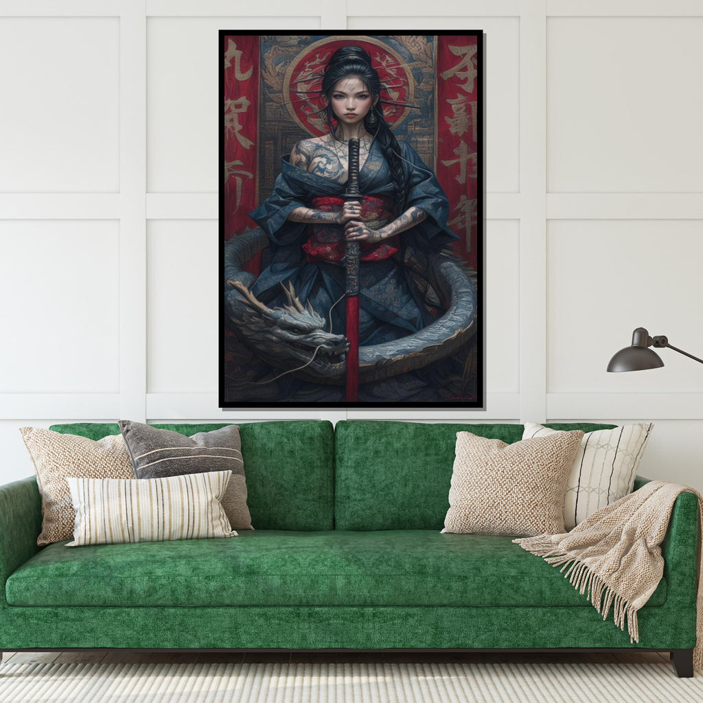 Mystical Warrior Canvas, Dragon and Samurai Woman Wall Art, Tattoo Art Poster, Wall Art Canvas Design, Ready To Hang Decoration