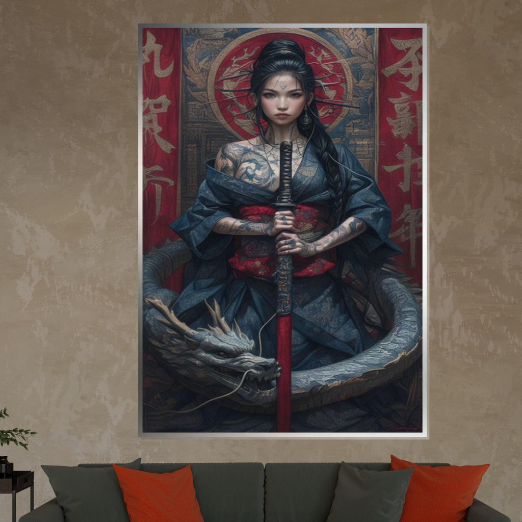 Mystical Warrior Canvas, Dragon and Samurai Woman Wall Art, Tattoo Art Poster, Wall Art Canvas Design, Ready To Hang Decoration