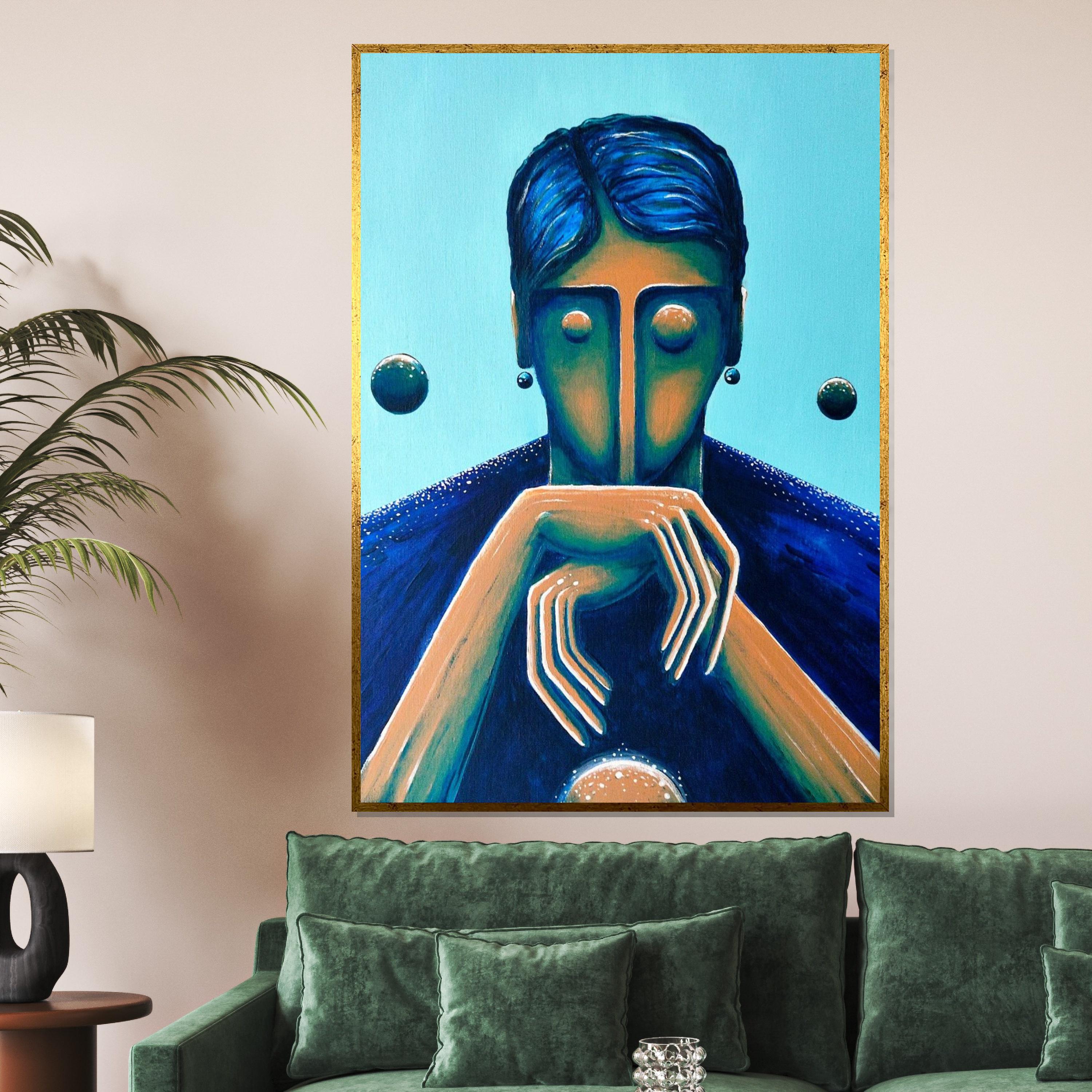Abstract Blue Portrait Canvas, Modern Face Art, Surreal Wall Print, Contemporary Canvas Design, Ready to Hang Home Decor