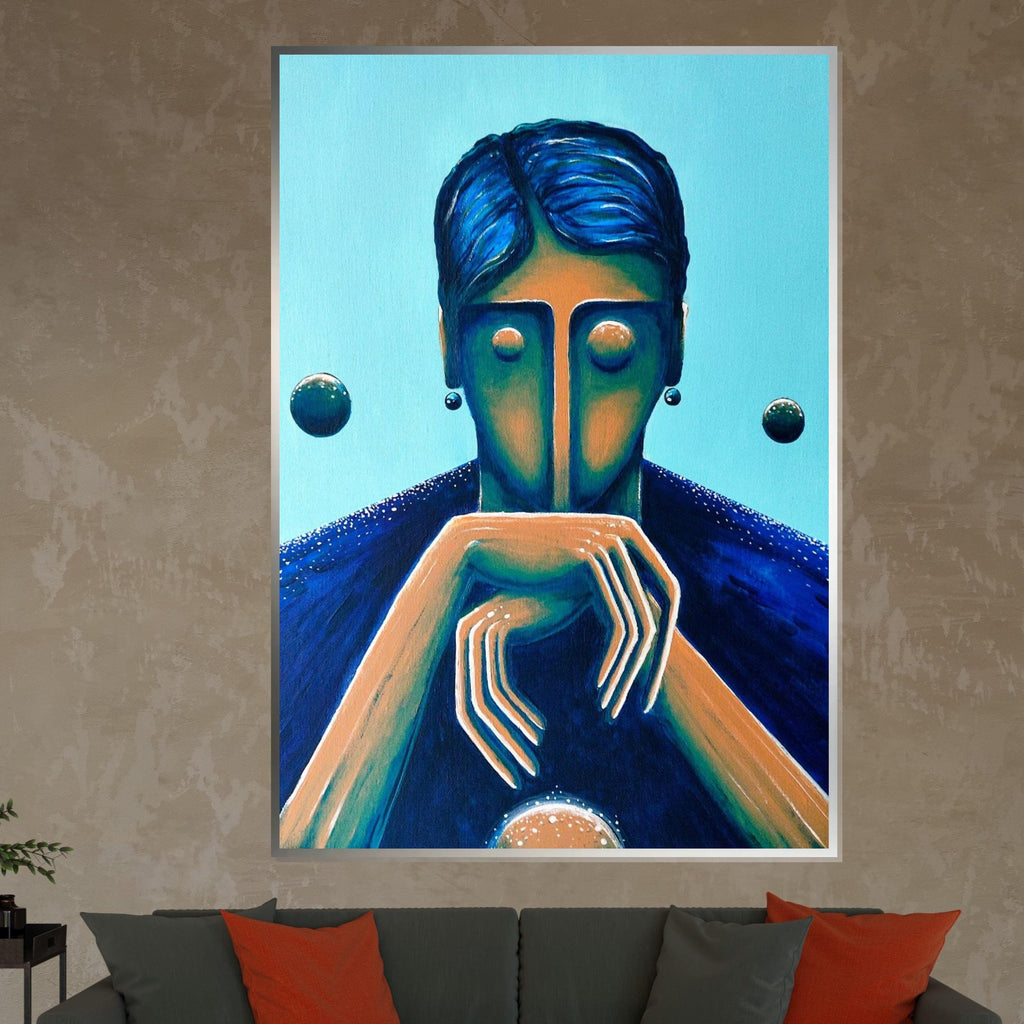 Abstract Blue Portrait Canvas, Modern Face Art, Surreal Wall Print, Contemporary Canvas Design, Ready to Hang Home Decor
