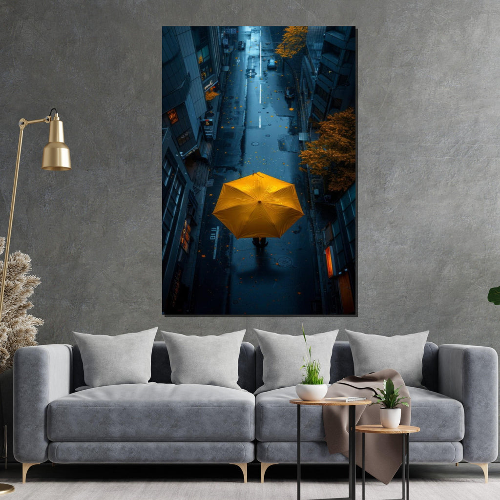 Yellow Umbrella Street Canvas, Urban Rainy Day Print, Cityscape Wall Art, Modern Canvas Art, Ready To Hang Home Decor