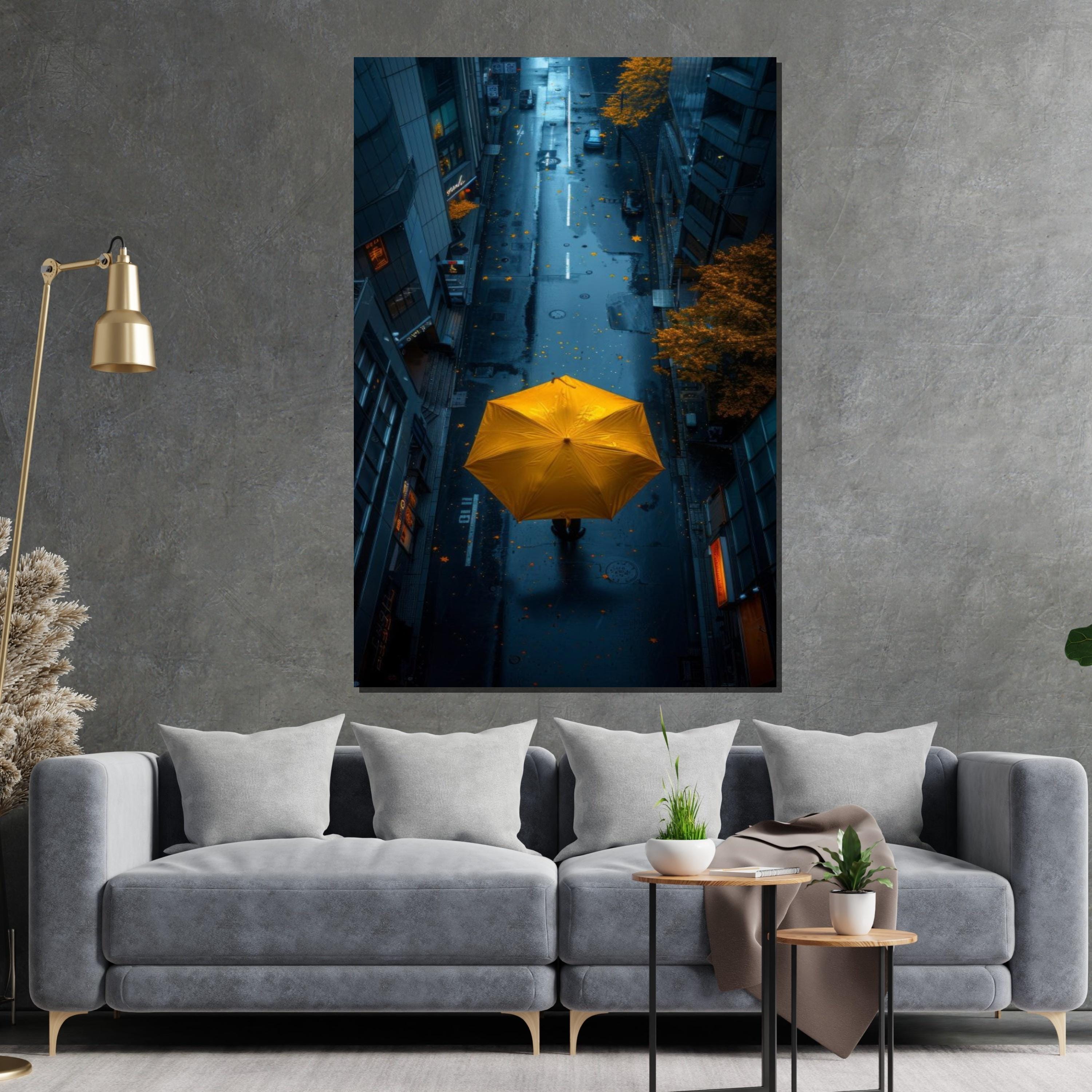 Yellow Umbrella Street Canvas, Urban Rainy Day Print, Cityscape Wall Art, Modern Canvas Art, Ready To Hang Home Decor