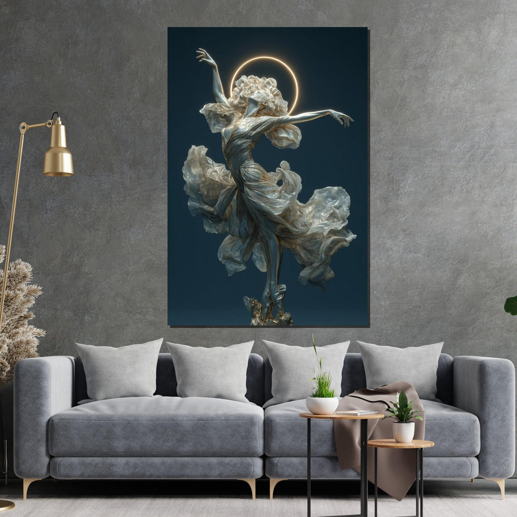 Ballerina Angel Wall Art – Elegant Flana Dancer with Halo | Ethereal Ballet Canvas Print. Graceful Woman Statue Poster for Living Room Decor