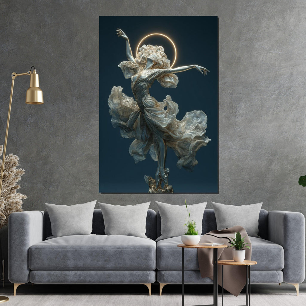 Ballerina Angel Wall Art – Elegant Flana Dancer with Halo | Ethereal Ballet Canvas Print. Graceful Woman Statue Poster for Living Room Decor