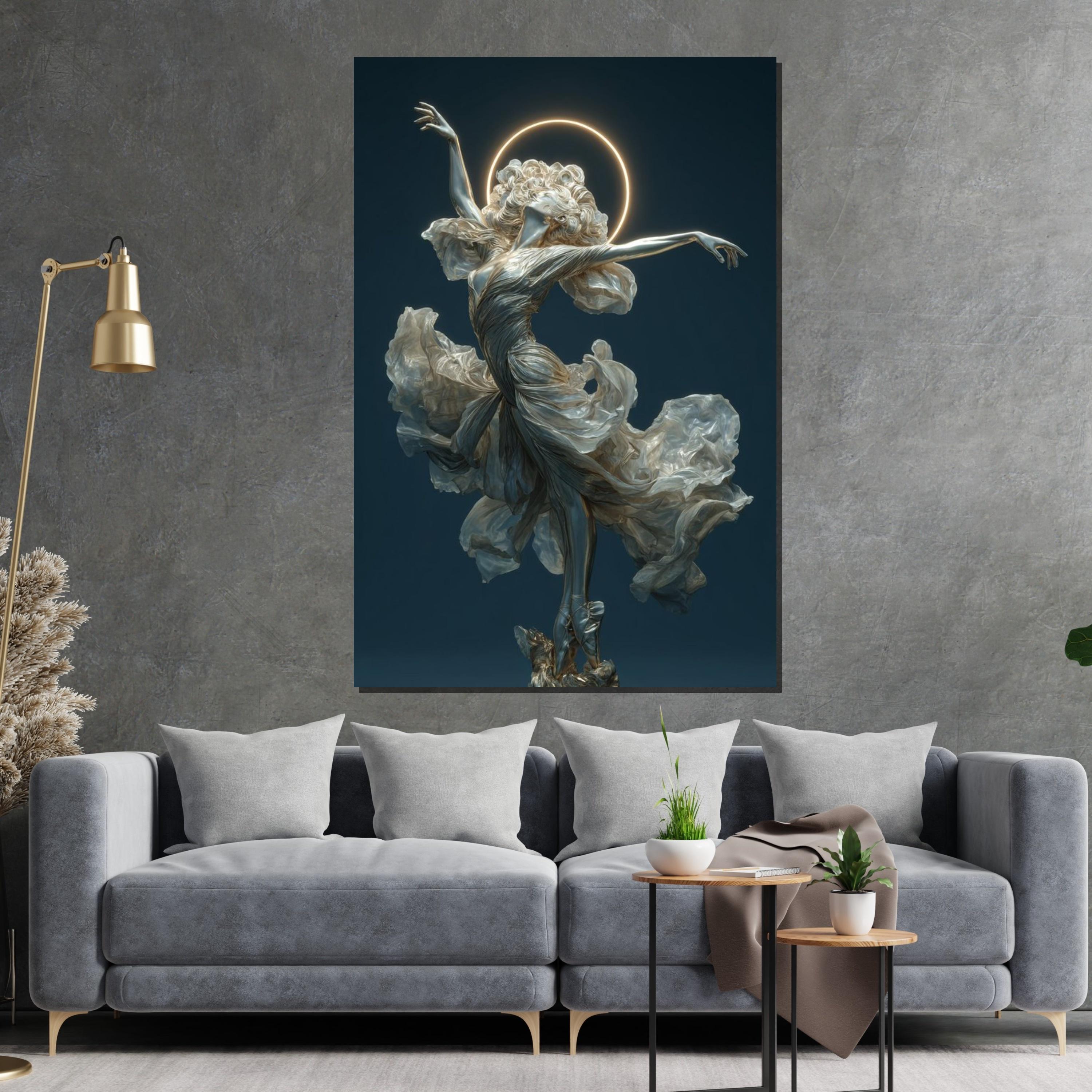 Ballerina Angel Wall Art – Elegant Flana Dancer with Halo | Ethereal Ballet Canvas Print. Graceful Woman Statue Poster for Living Room Decor