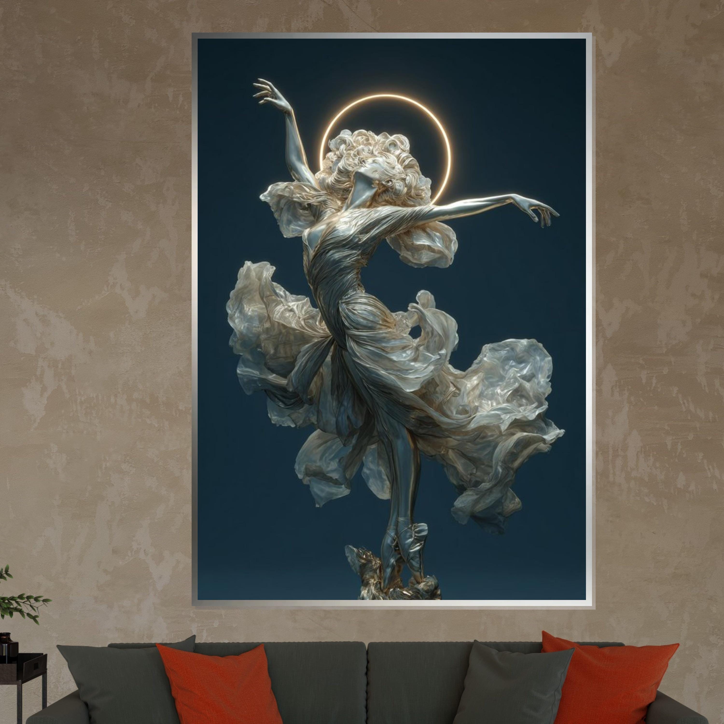 Ballerina Angel Wall Art – Elegant Flana Dancer with Halo | Ethereal Ballet Canvas Print. Graceful Woman Statue Poster for Living Room Decor