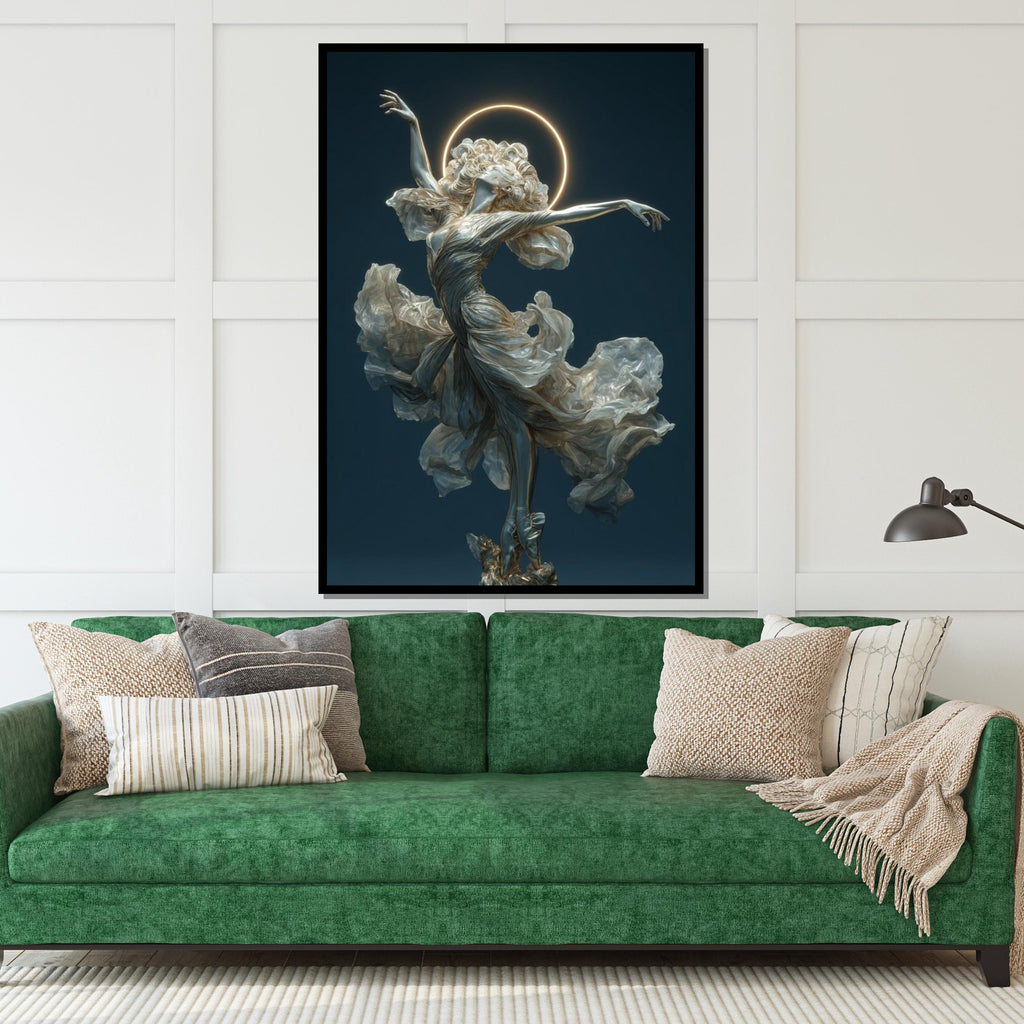 Ballerina Angel Wall Art – Elegant Flana Dancer with Halo | Ethereal Ballet Canvas Print. Graceful Woman Statue Poster for Living Room Decor