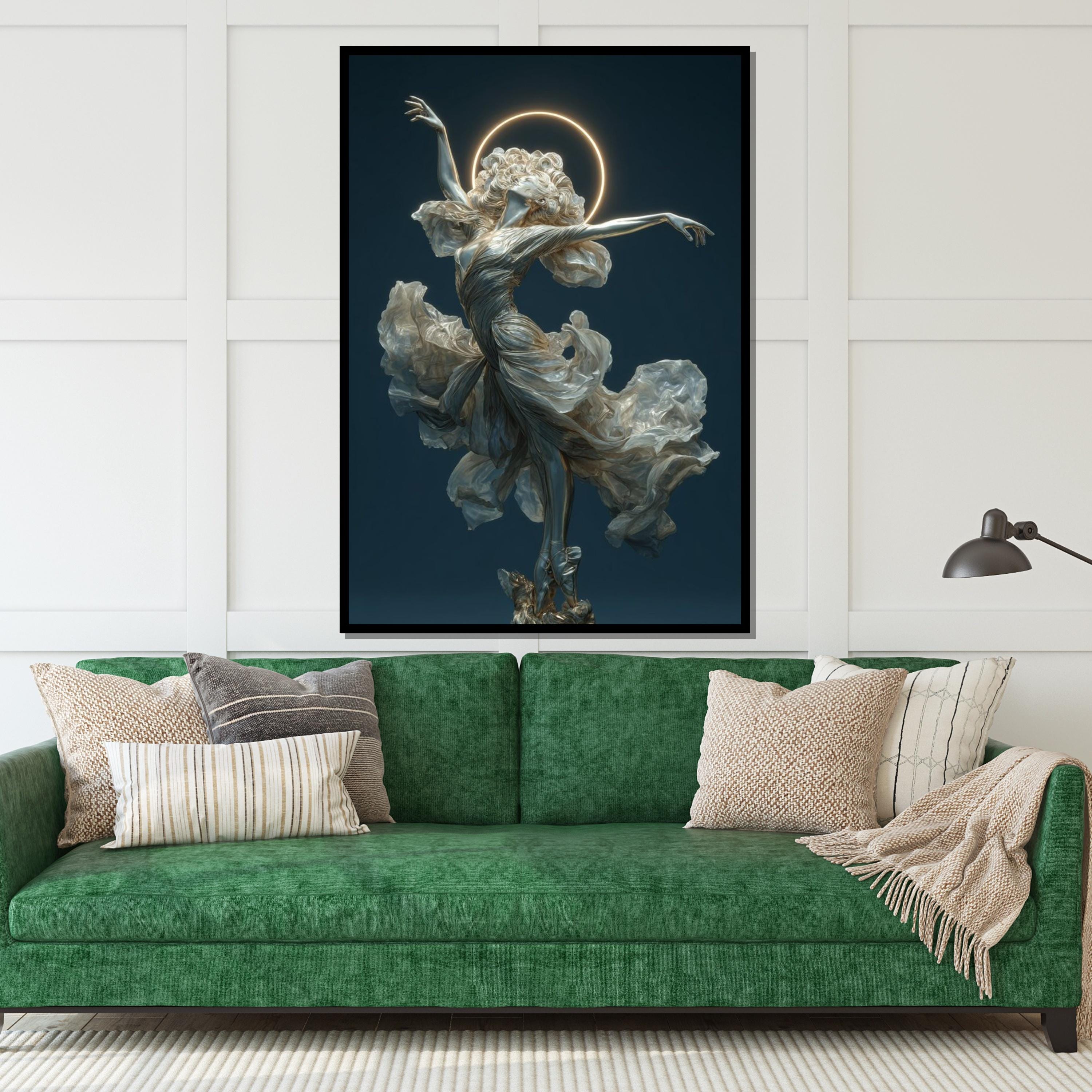 Ballerina Angel Wall Art – Elegant Flana Dancer with Halo | Ethereal Ballet Canvas Print. Graceful Woman Statue Poster for Living Room Decor