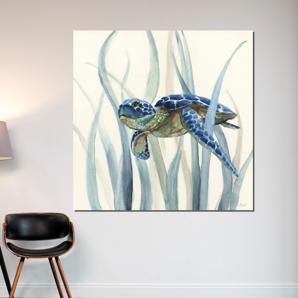 Sea Turtle Canvas, Ocean Life Art, Turtle in Seagrass Print, Animal Wall Art, Coastal Decor Canvas, Wall Art Design, Ready to Hang