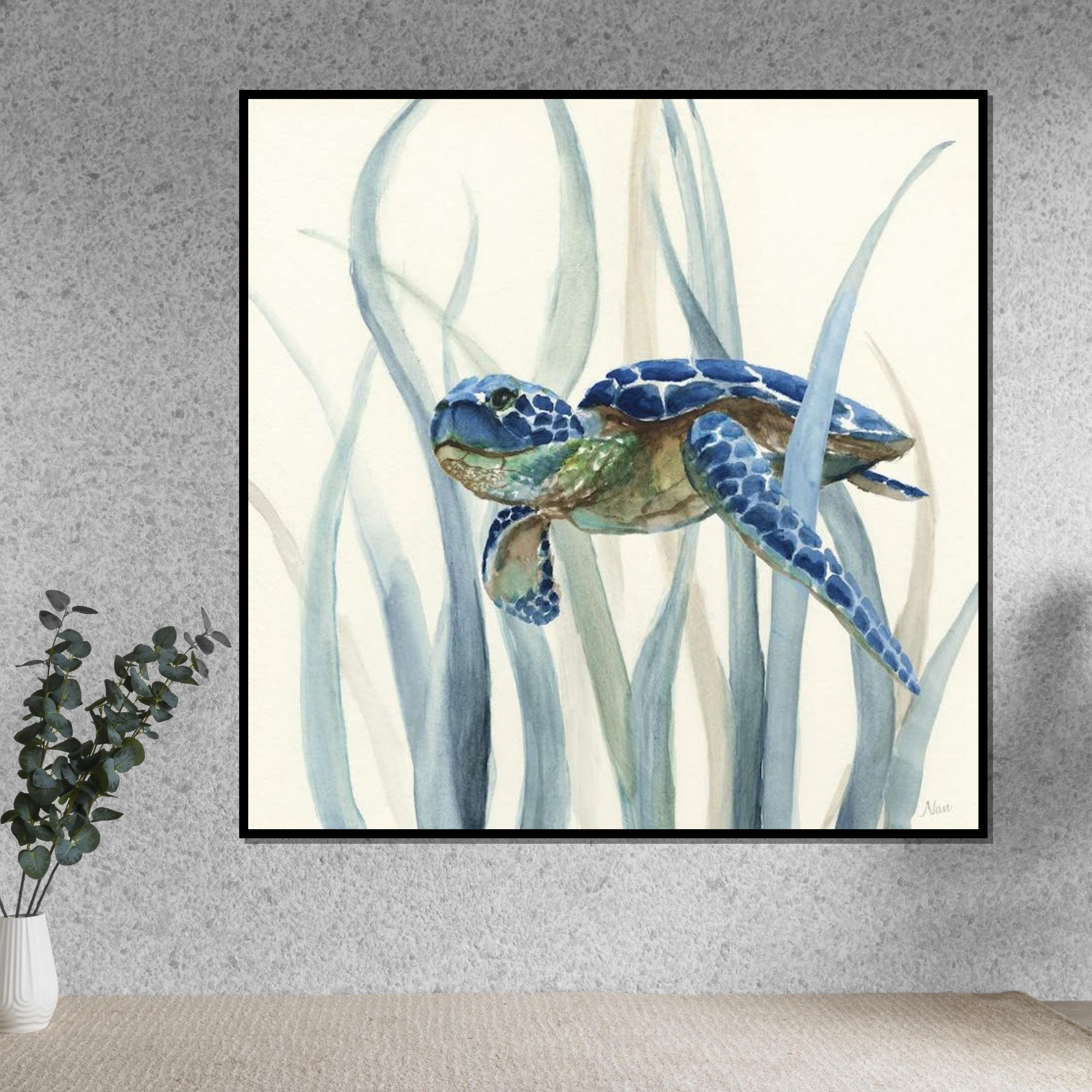 Sea Turtle Canvas, Ocean Life Art, Turtle in Seagrass Print, Animal Wall Art, Coastal Decor Canvas, Wall Art Design, Ready to Hang