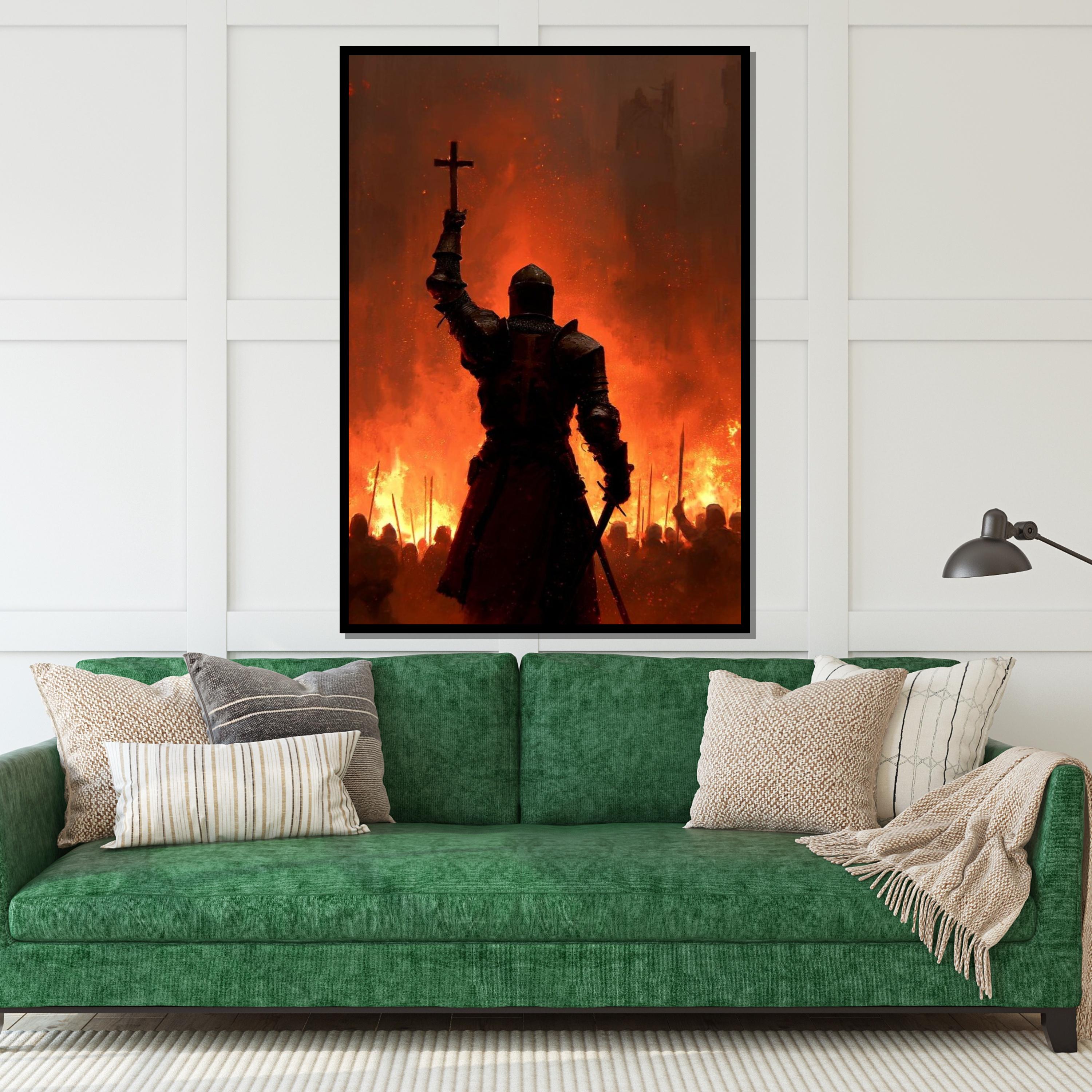 Medieval Crusader Knight Wall Art - Dark Fantasy Warrior with Cross and Fire - Epic Gothic Canvas Poster for Home Decor