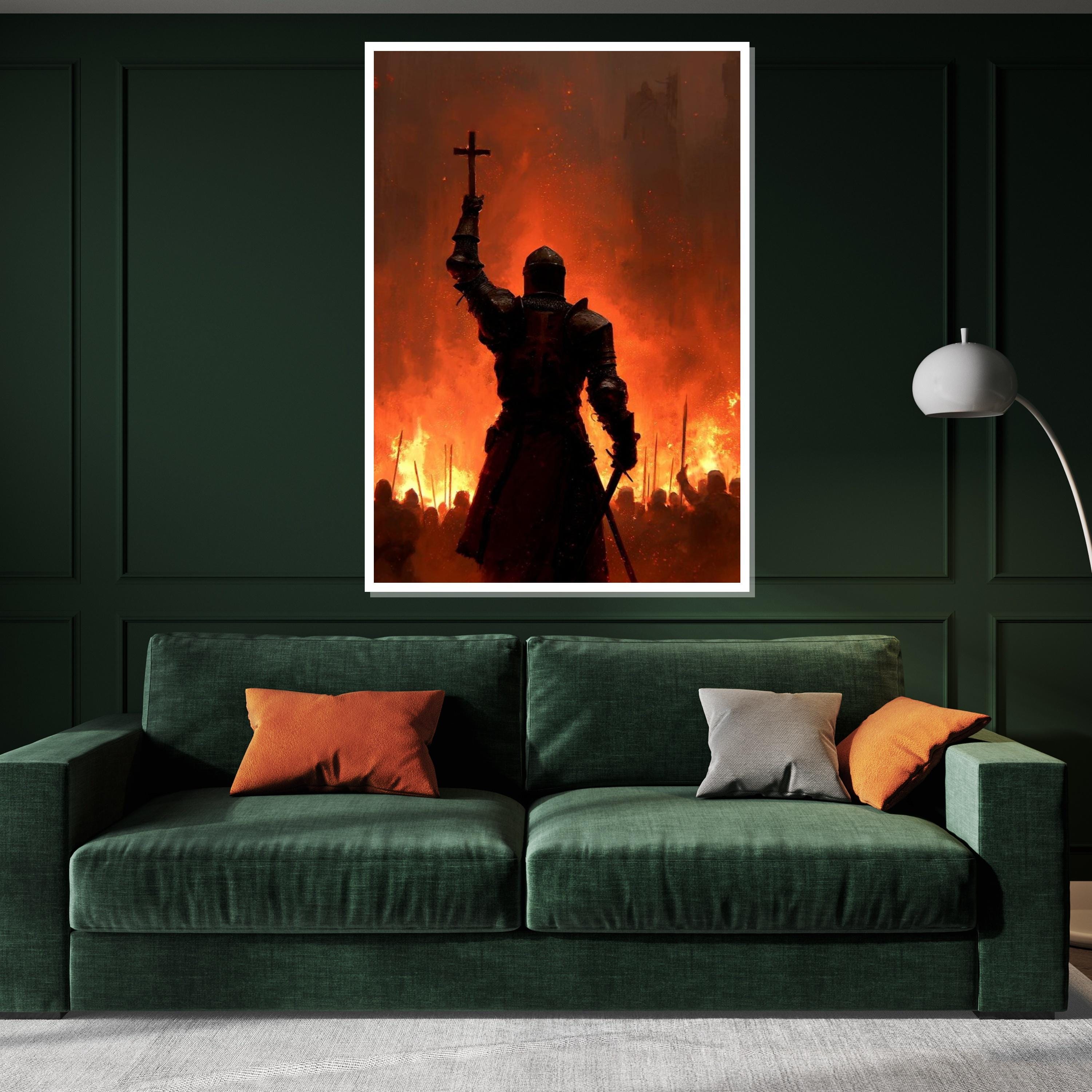 Medieval Crusader Knight Wall Art - Dark Fantasy Warrior with Cross and Fire - Epic Gothic Canvas Poster for Home Decor