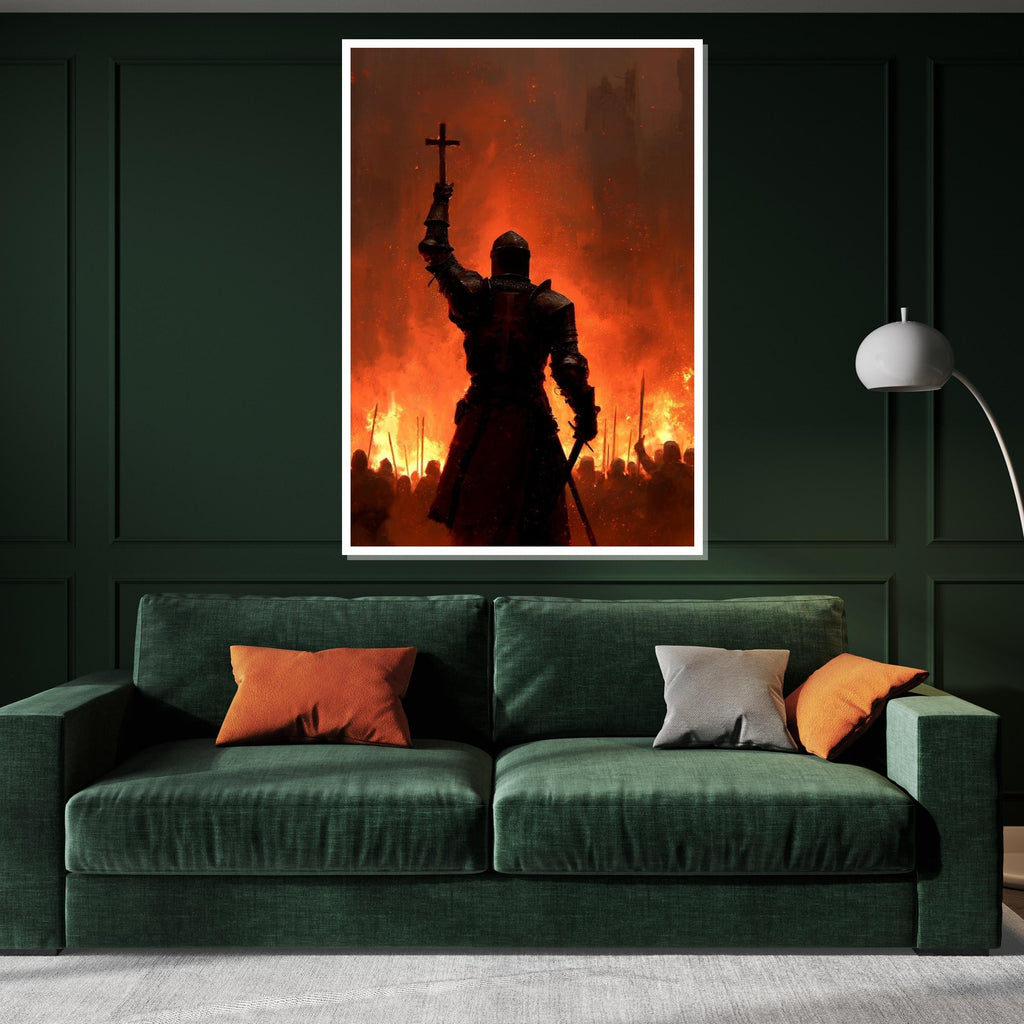 Medieval Crusader Knight Wall Art - Dark Fantasy Warrior with Cross and Fire - Epic Gothic Canvas Poster for Home Decor