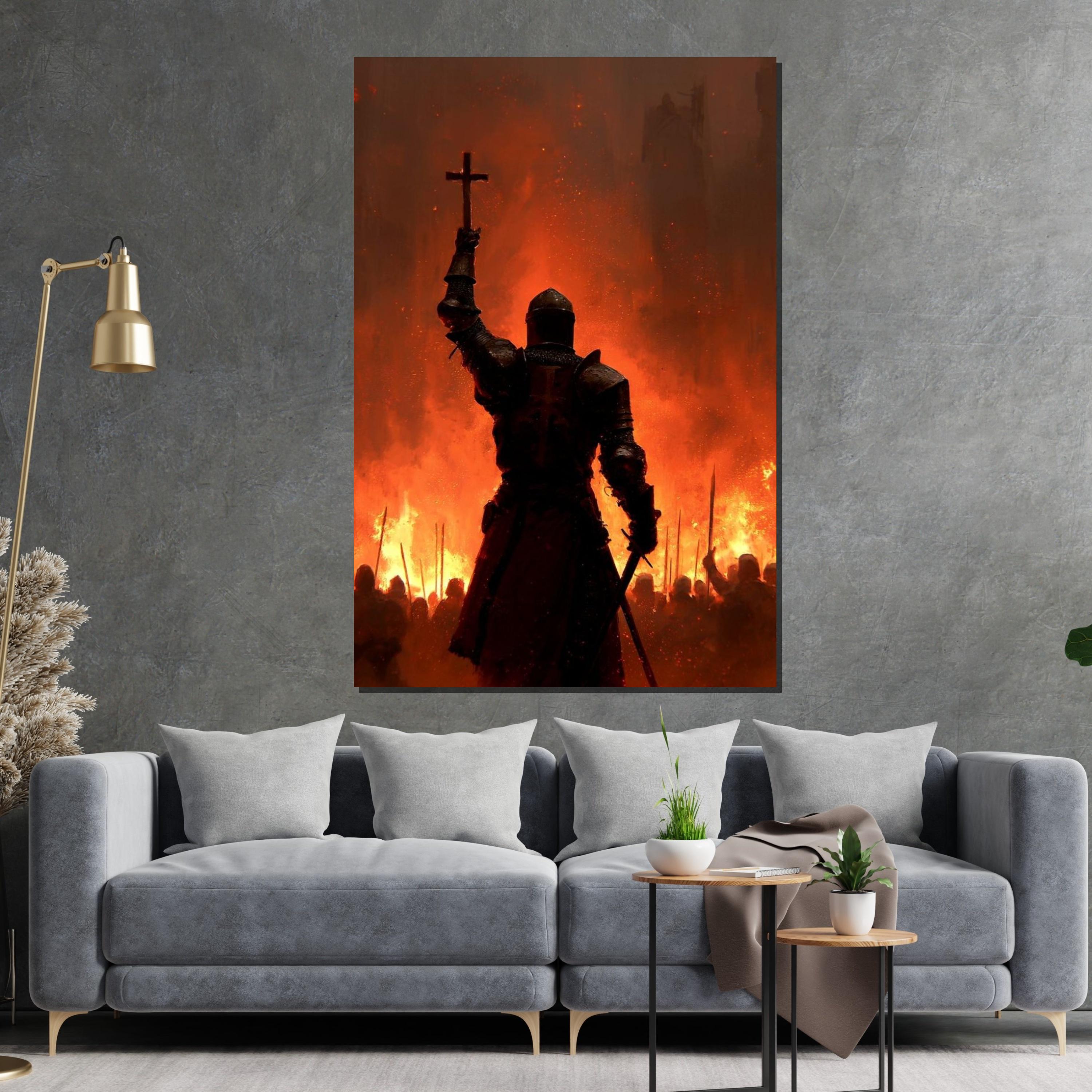Medieval Crusader Knight Wall Art - Dark Fantasy Warrior with Cross and Fire - Epic Gothic Canvas Poster for Home Decor
